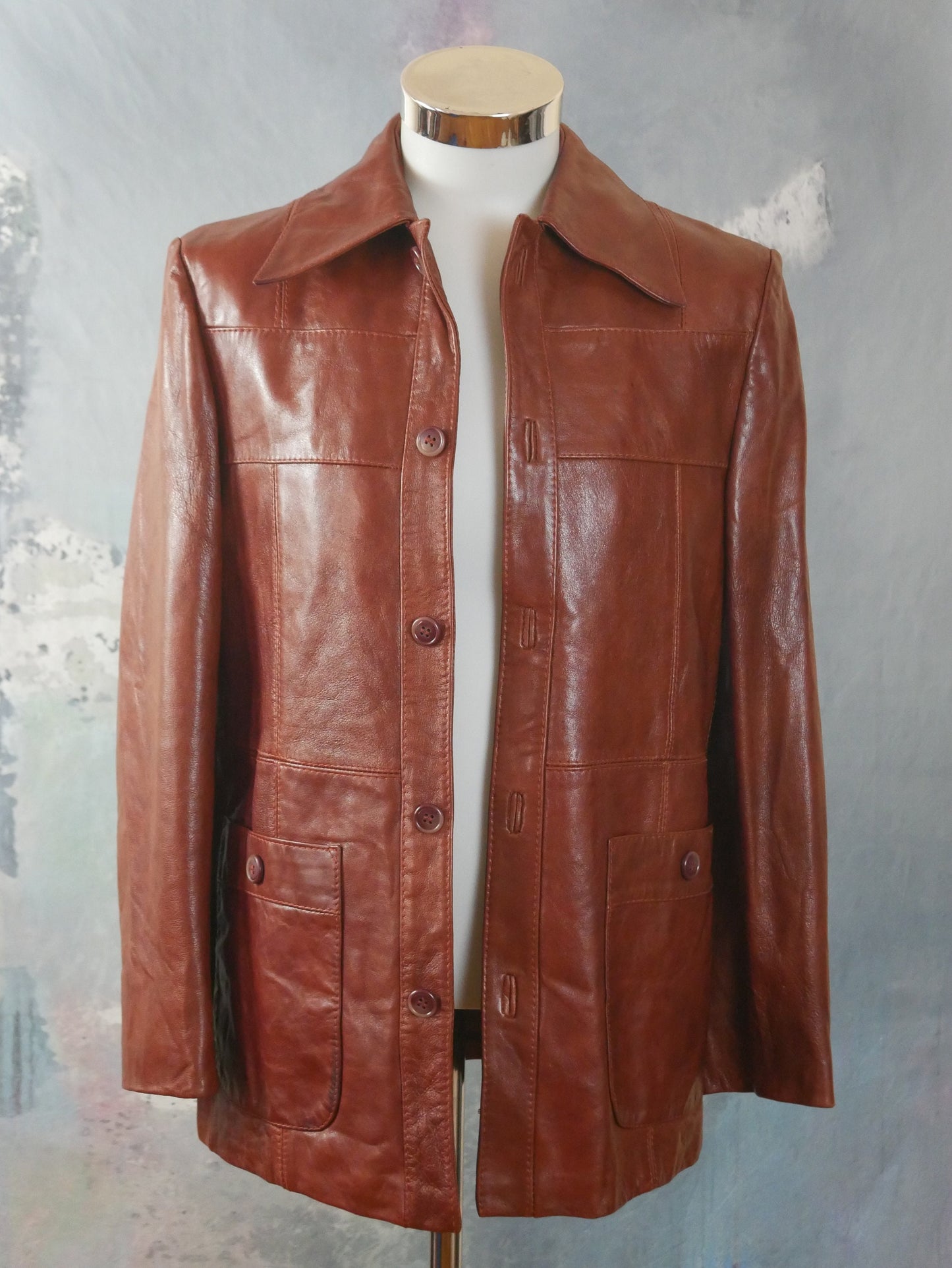 70s Leather Jacket| European Vintage Butterscotch Brown with Wide Lapels | Smal
