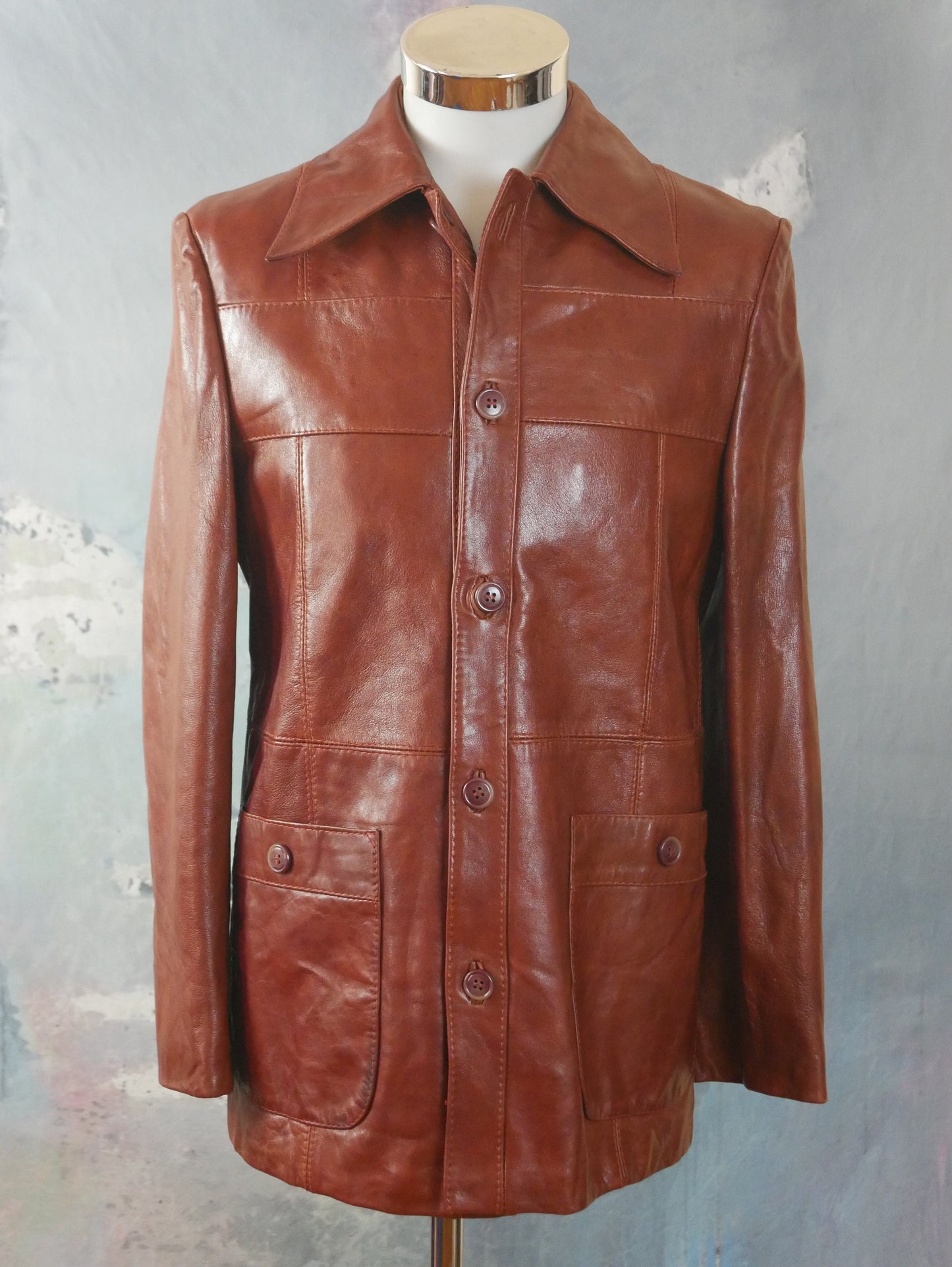 70s Leather Jacket| European Vintage Butterscotch Brown with Wide Lapels | Smal