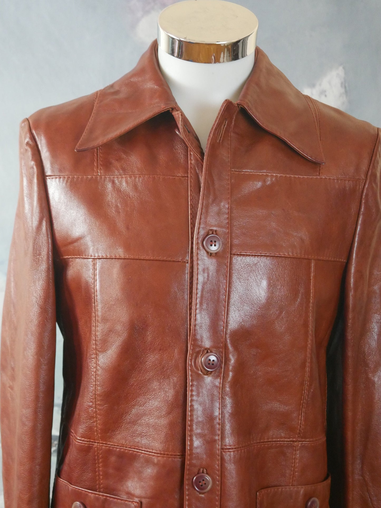 70s Leather Jacket| European Vintage Butterscotch Brown with Wide Lapels | Smal