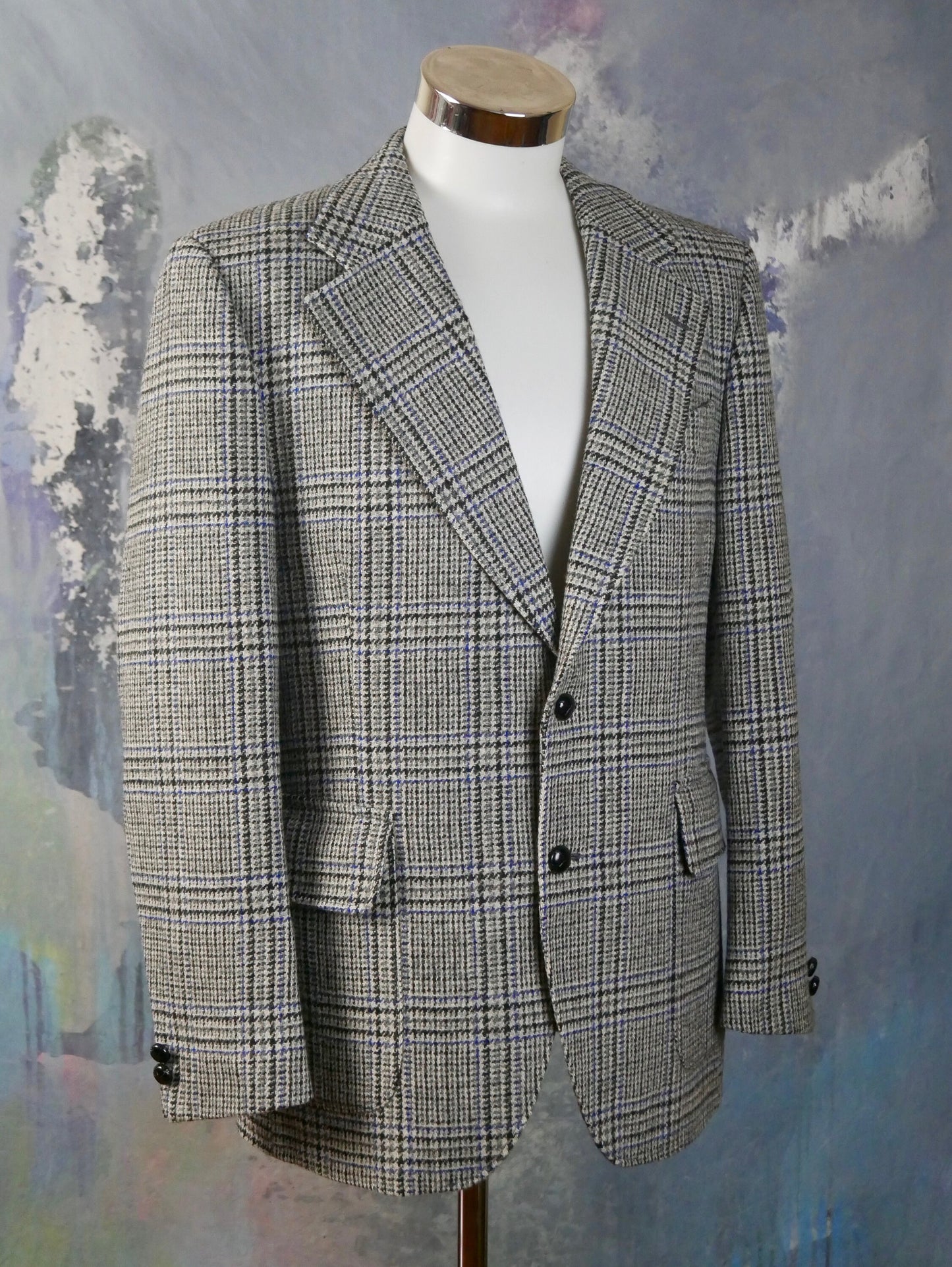 1970s Houndstooth Blazer | Swedish Vintage Gray Black and Blue Check Jacket | Medium