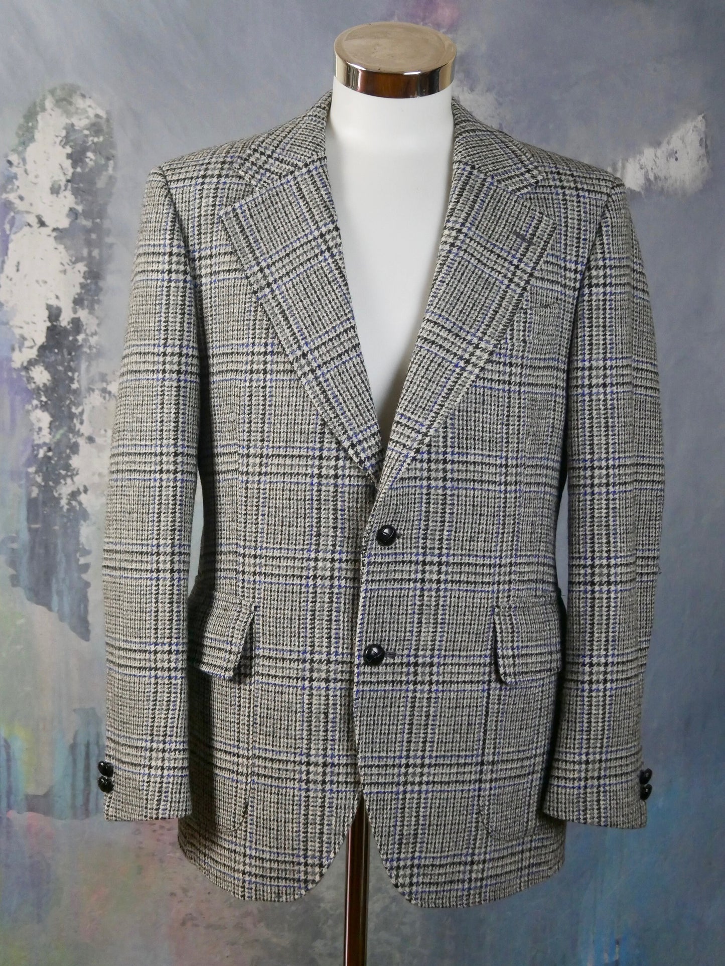 1970s Houndstooth Blazer | Swedish Vintage Gray Black and Blue Check Jacket | Medium