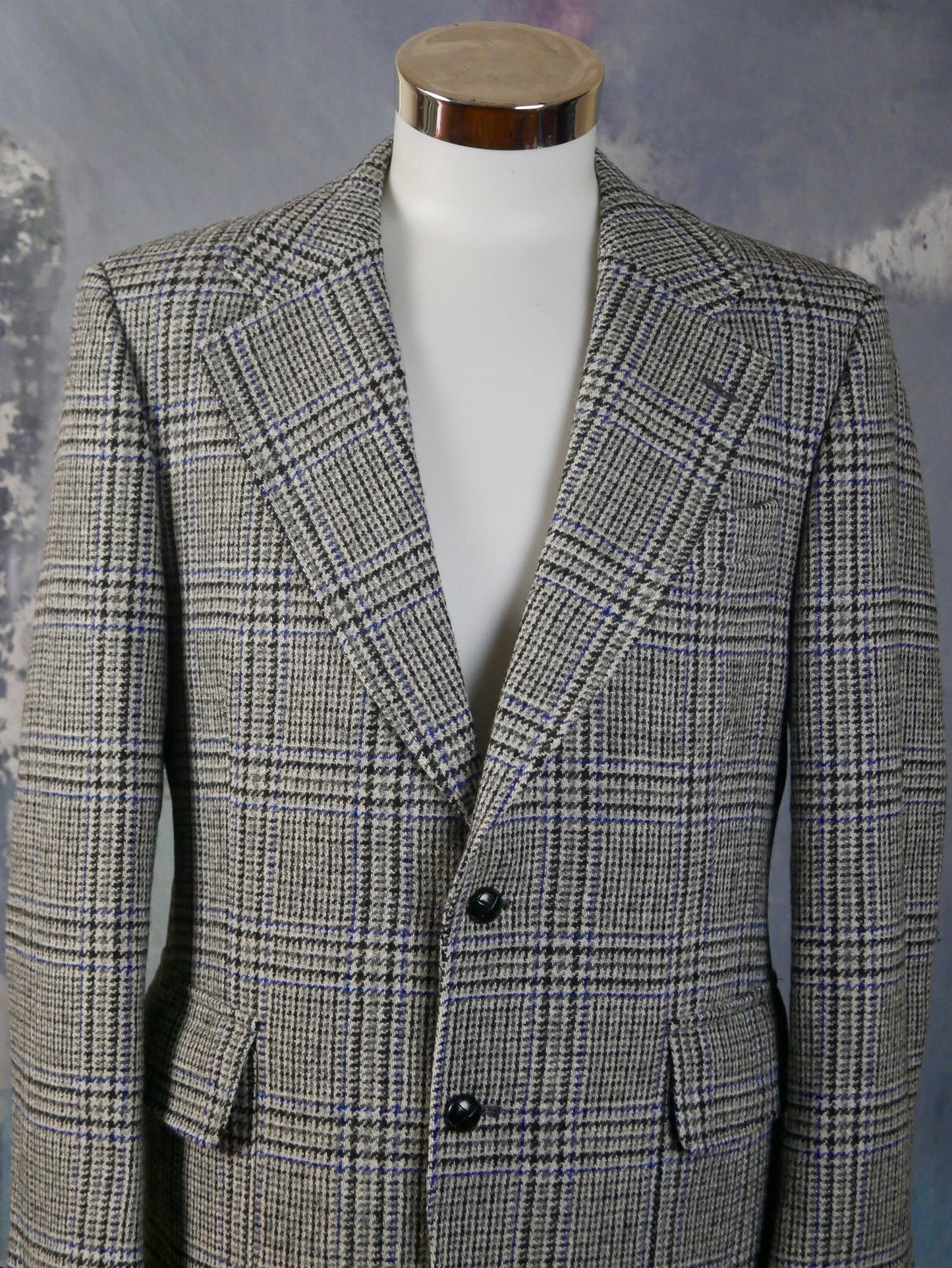 1970s Houndstooth Blazer | Swedish Vintage Gray Black and Blue Check Jacket | Medium