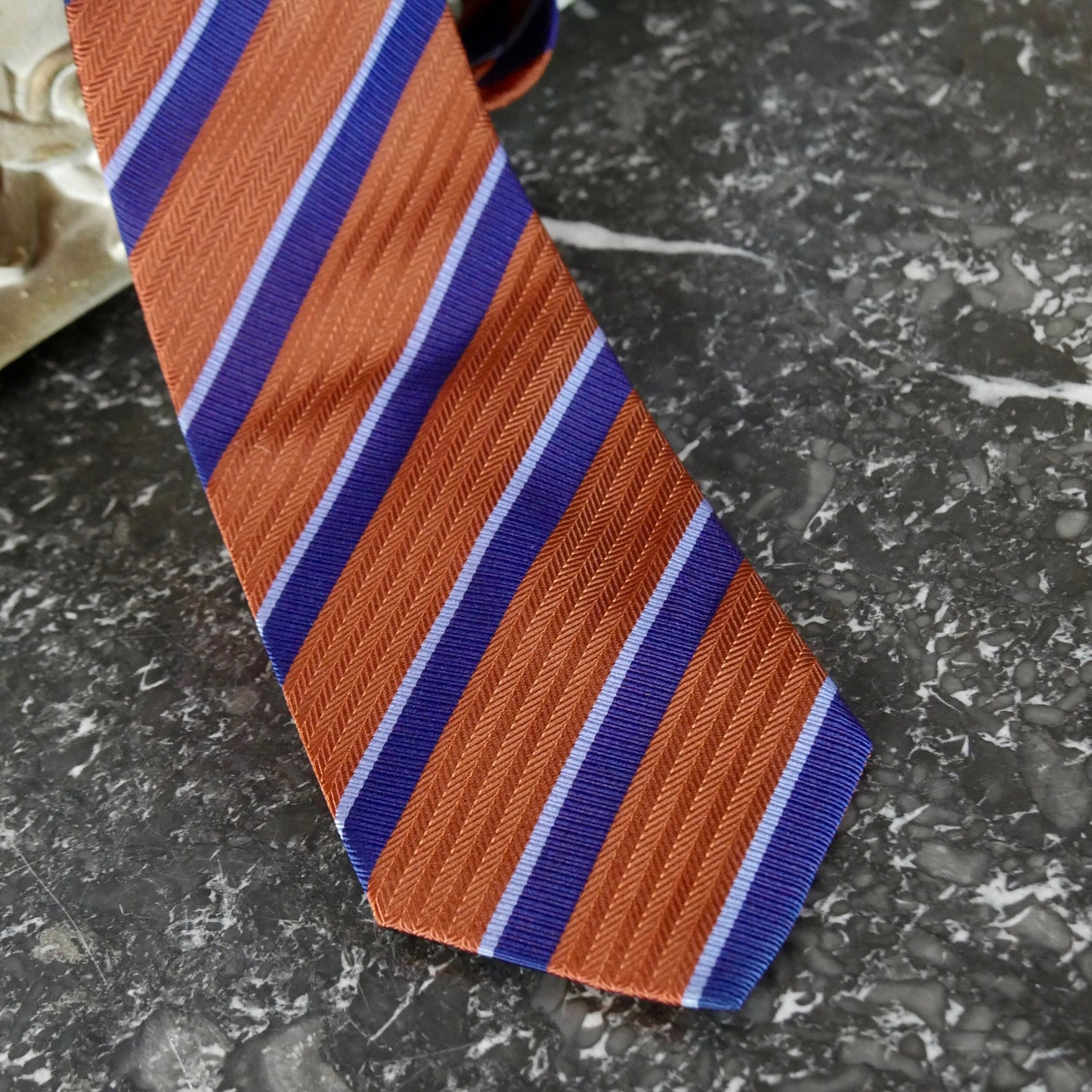 1980s Burnt Orange Necktie with Diagonal Blue Stripes | Pure Silk European Vintage