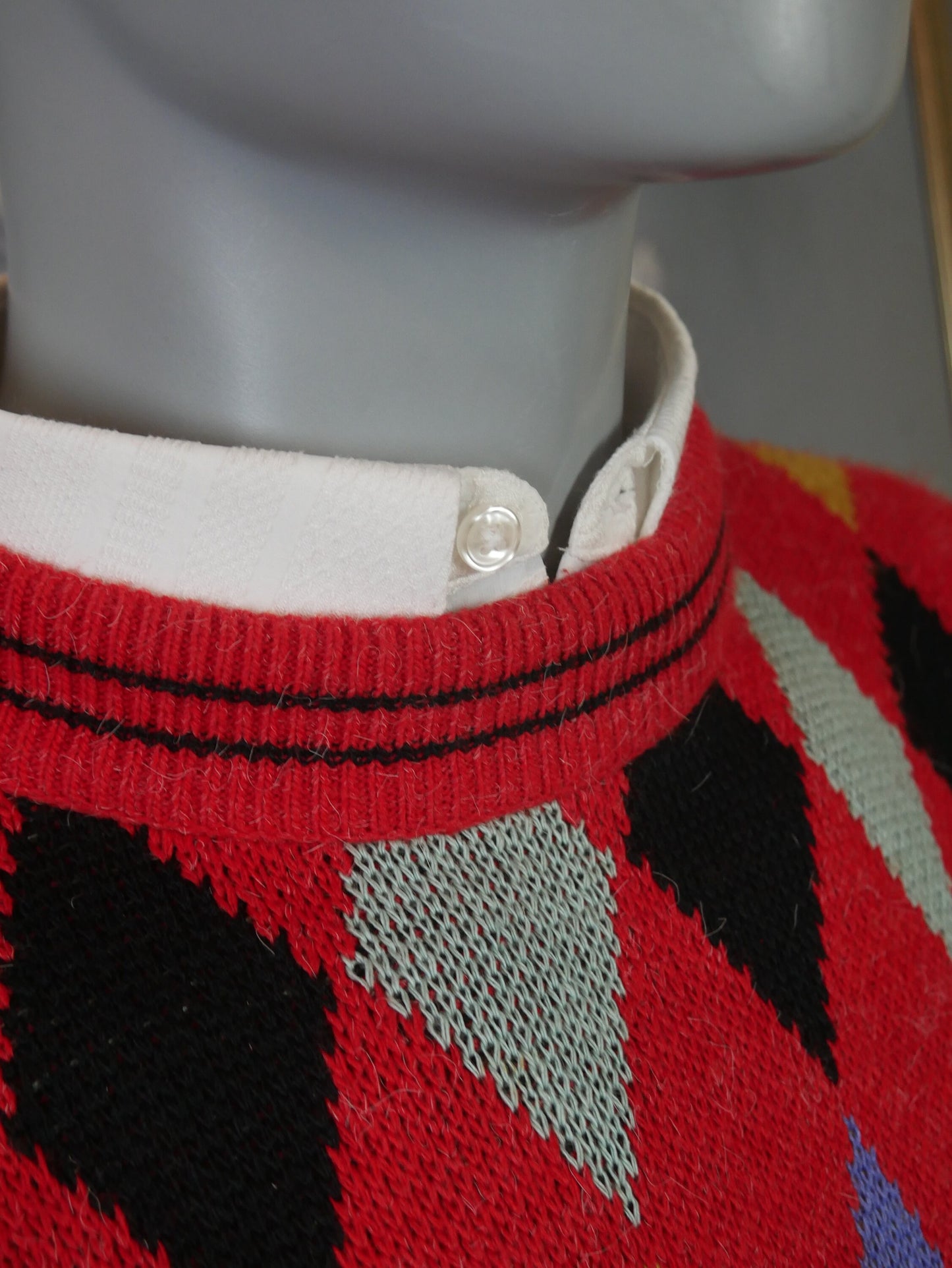 1980s Vintage Red Argyle Sweater | European Soft Angora Wool Blend Knit Pullover | Large