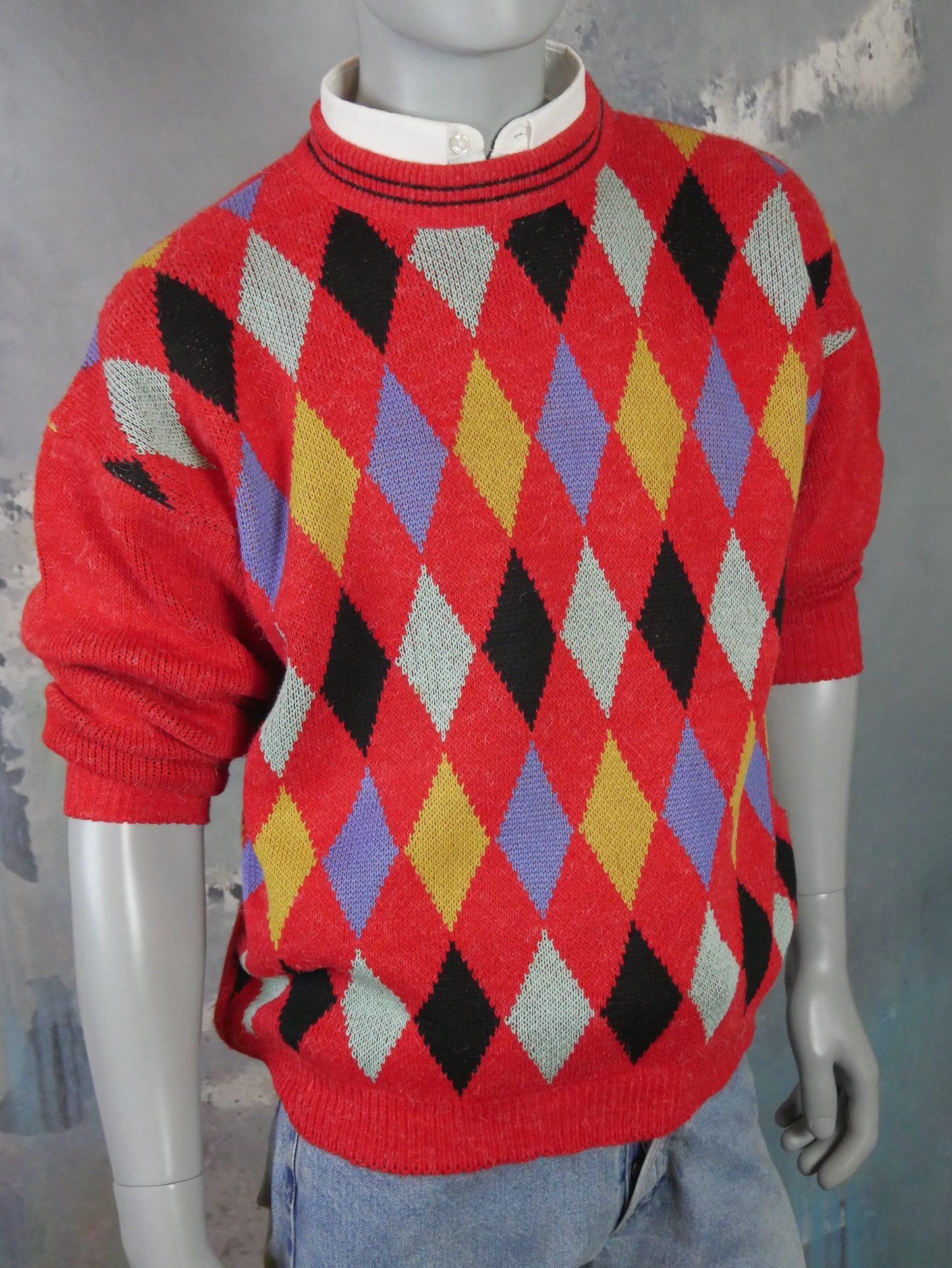1980s Vintage Red Argyle Sweater | European Soft Angora Wool Blend Knit Pullover | Large