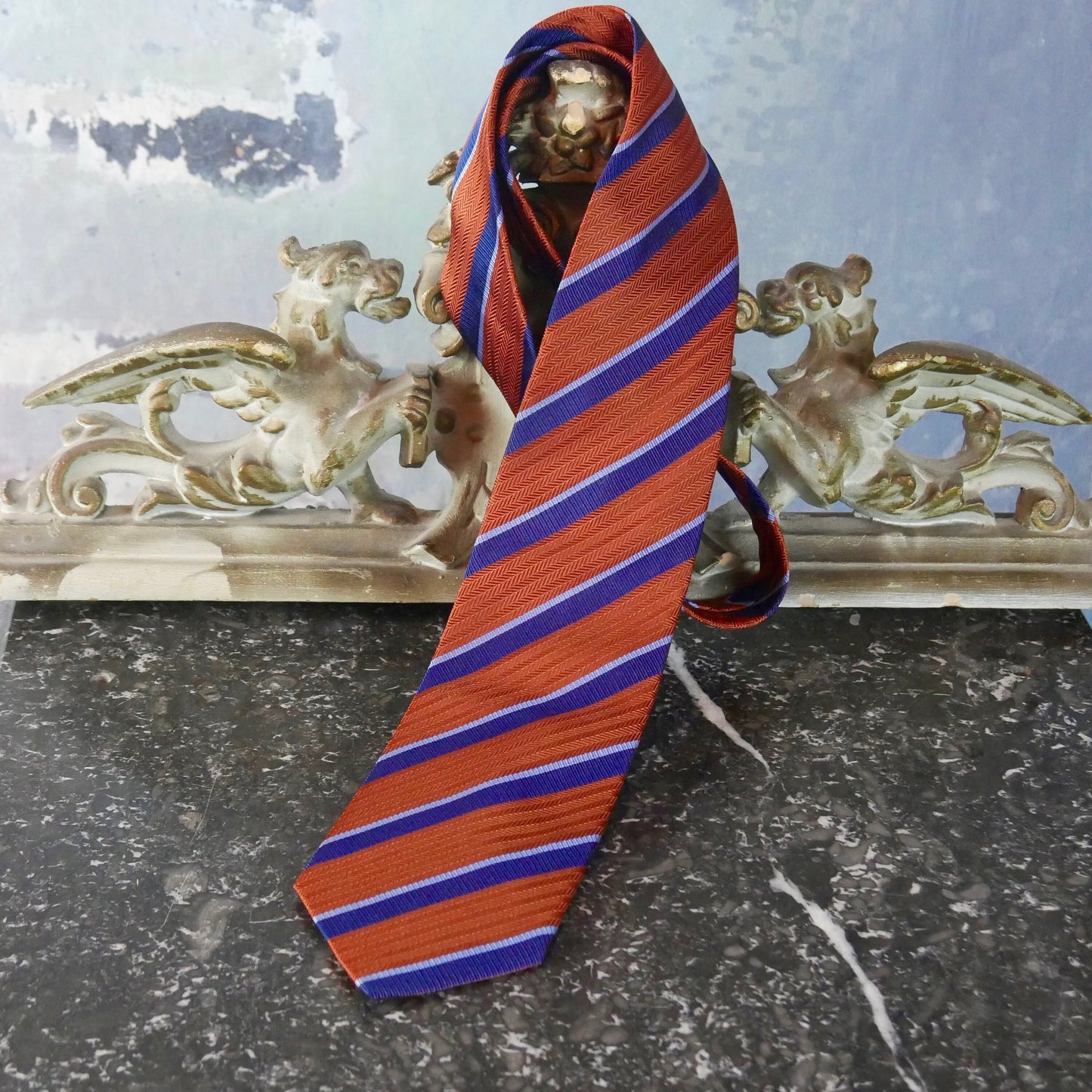 1980s Burnt Orange Necktie with Diagonal Blue Stripes | Pure Silk European Vintage