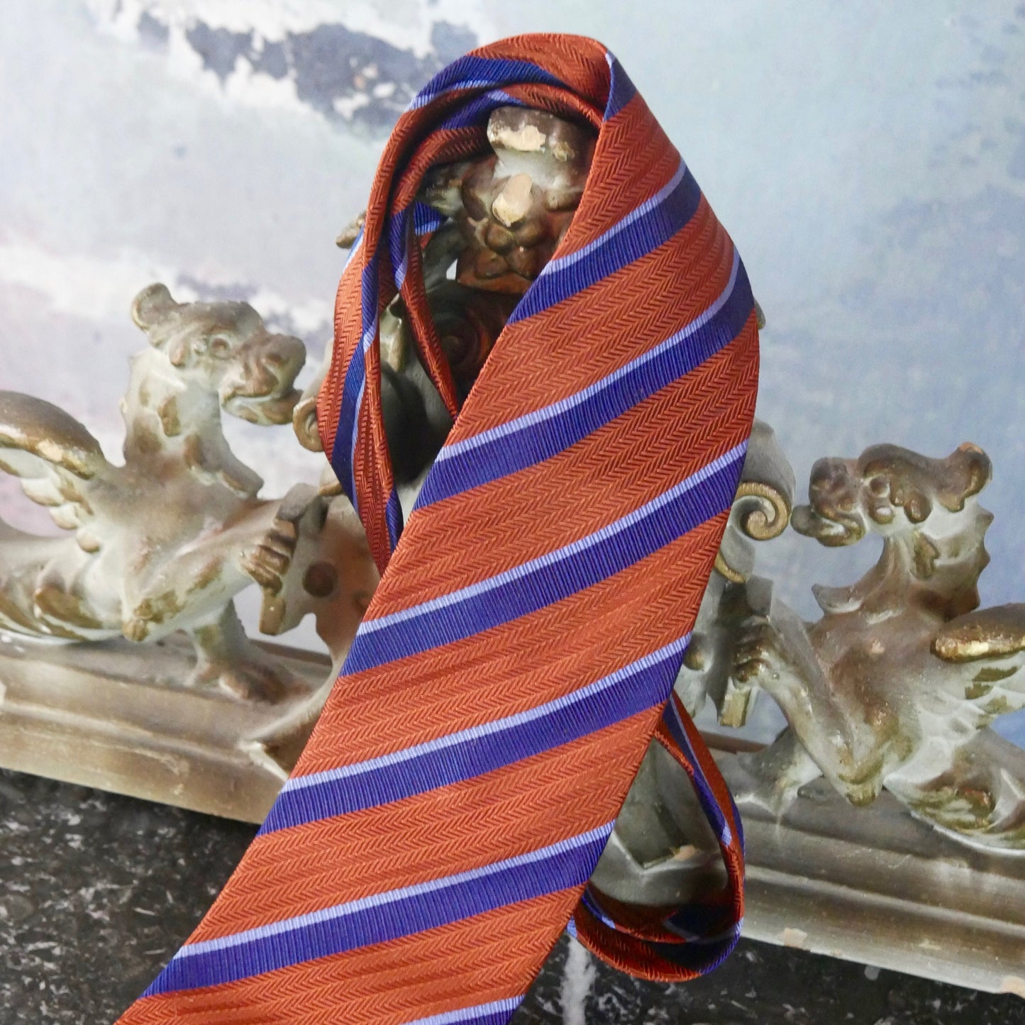 1980s Burnt Orange Necktie with Diagonal Blue Stripes | Pure Silk European Vintage