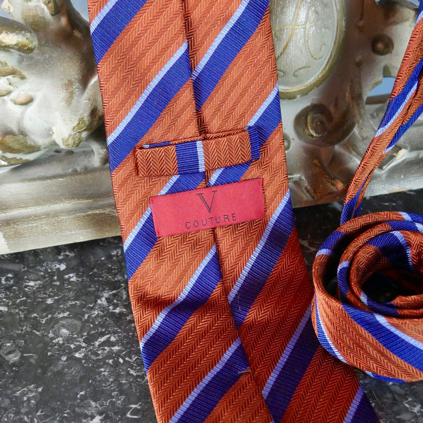 1980s Burnt Orange Necktie with Diagonal Blue Stripes | Pure Silk European Vintage
