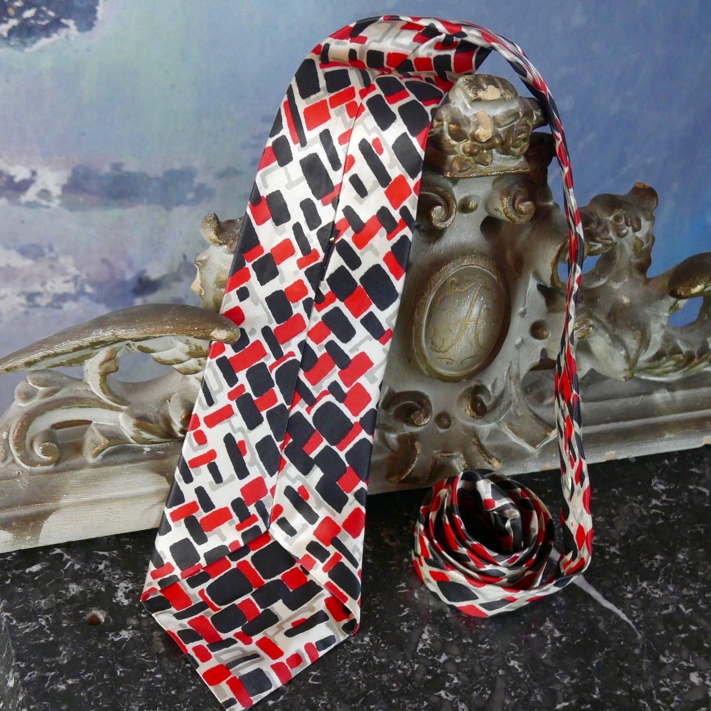 1980s Silk Necktie | European Vintage Abstract Red and Black Geometric Pattern on a Pale Silver Background