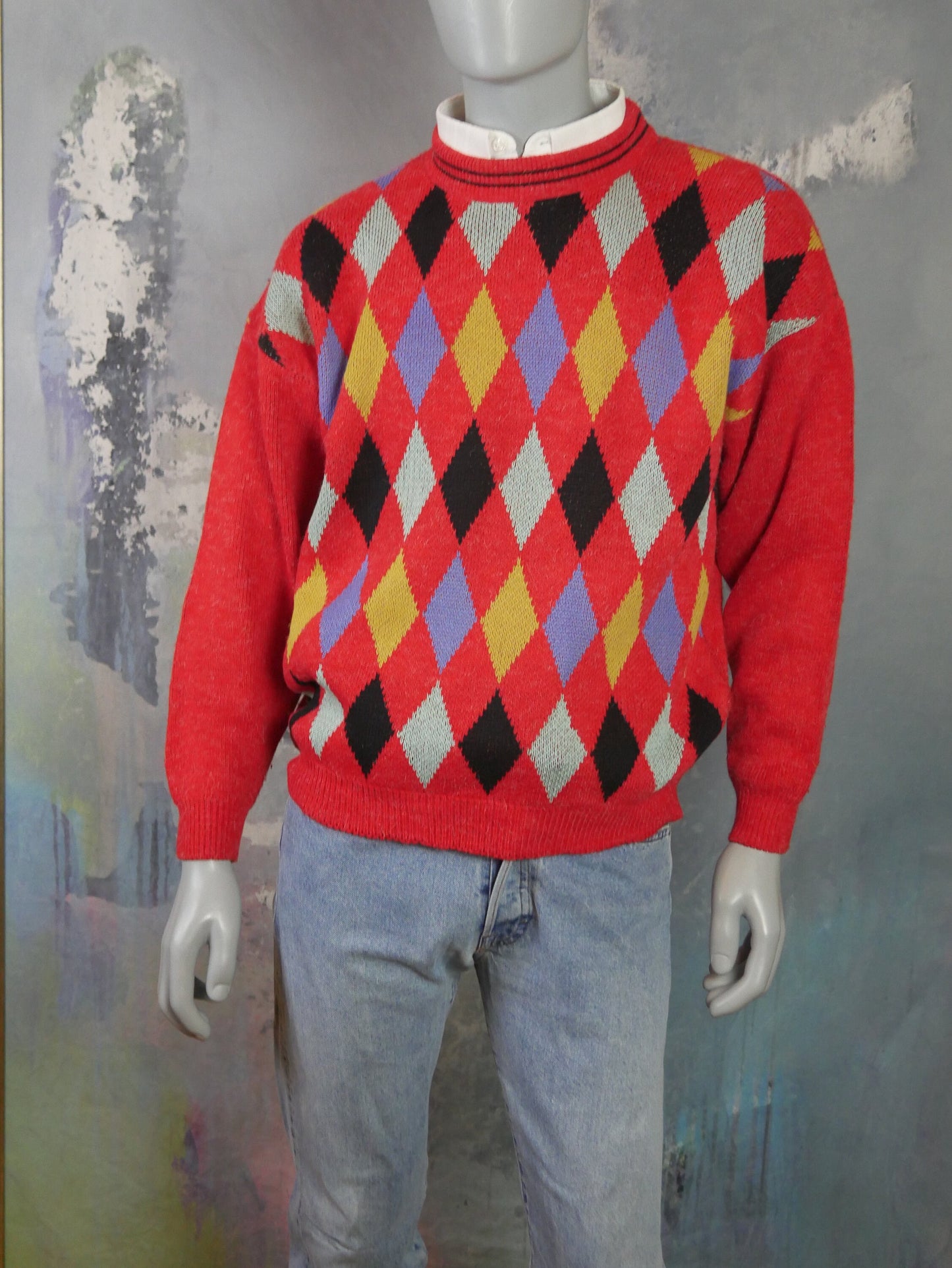 1980s Vintage Red Argyle Sweater | European Soft Angora Wool Blend Knit Pullover | Large