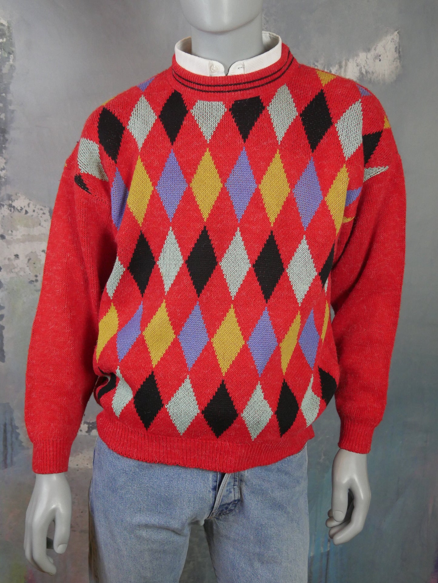 1980s Vintage Red Argyle Sweater | European Soft Angora Wool Blend Knit Pullover | Large