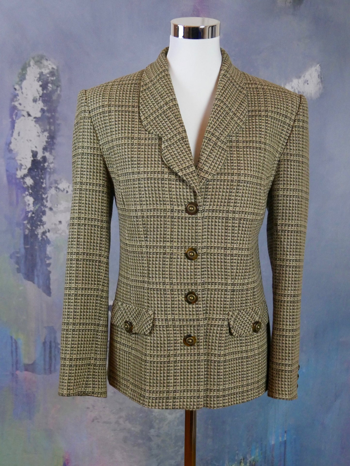 Finnish Vintage Blazer | Beige & Black Check Wool Blend Jacket | Large