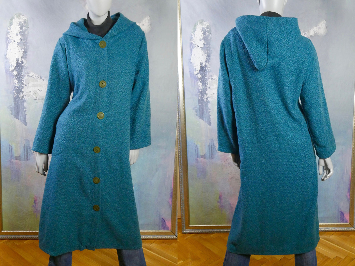 1990s Vintage Turquoise Wool Coat with Hood | Size 14/16 US, 18/22 UK