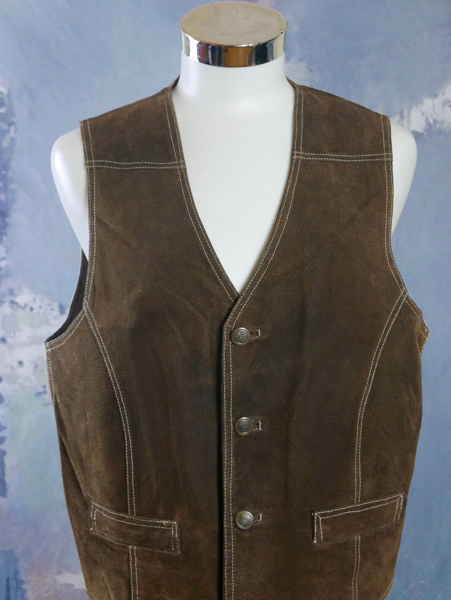 1990s Brown Leather Vest | European Vintage Waistcoat | Large