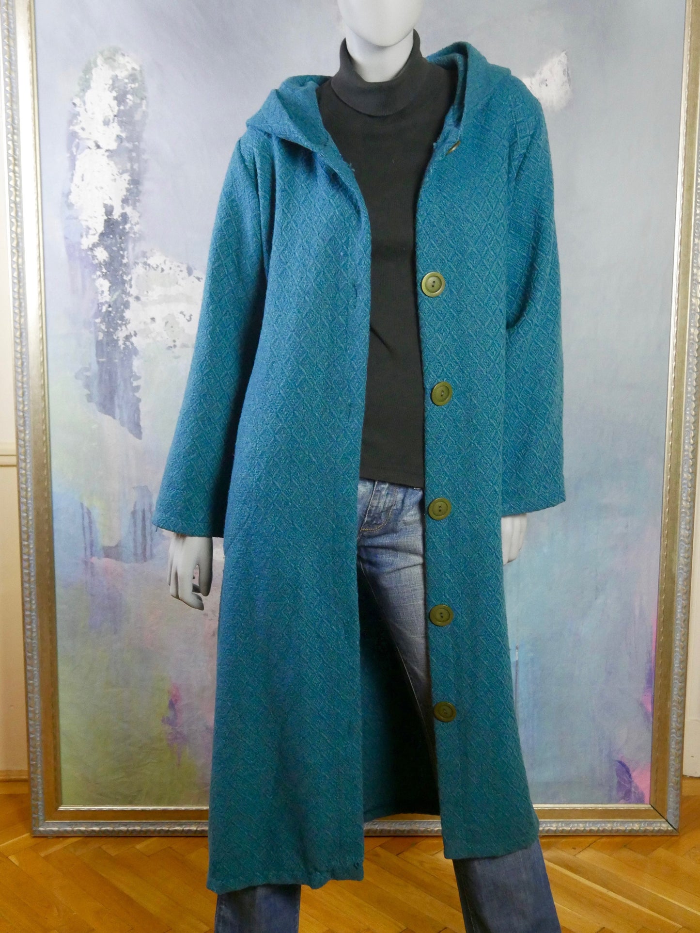 1990s Vintage Turquoise Wool Coat with Hood | Size 14/16 US, 18/22 UK
