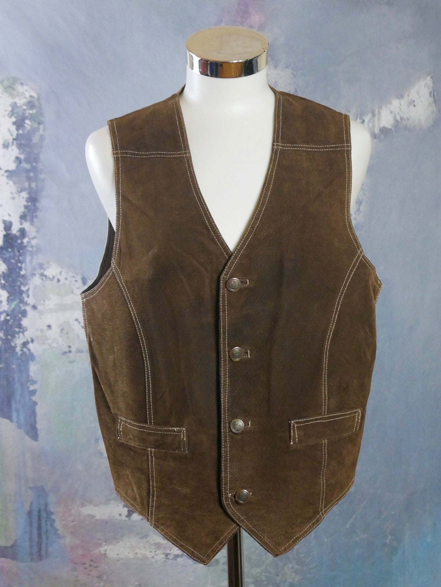 1990s Brown Leather Vest | European Vintage Waistcoat | Large