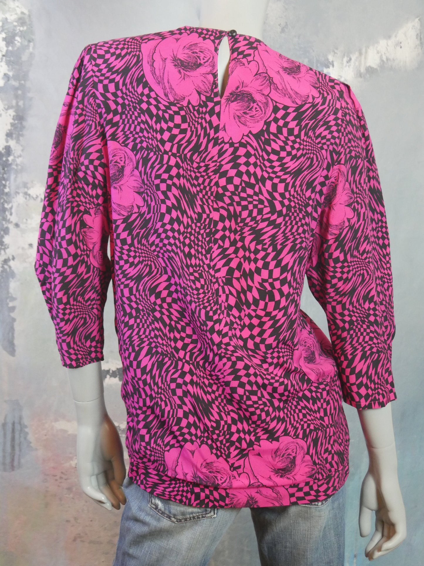 Vintage Blouse | Fuchsia Pink & Black 1980s Abstract Psychedelic Check and Floral Pattern | Medium