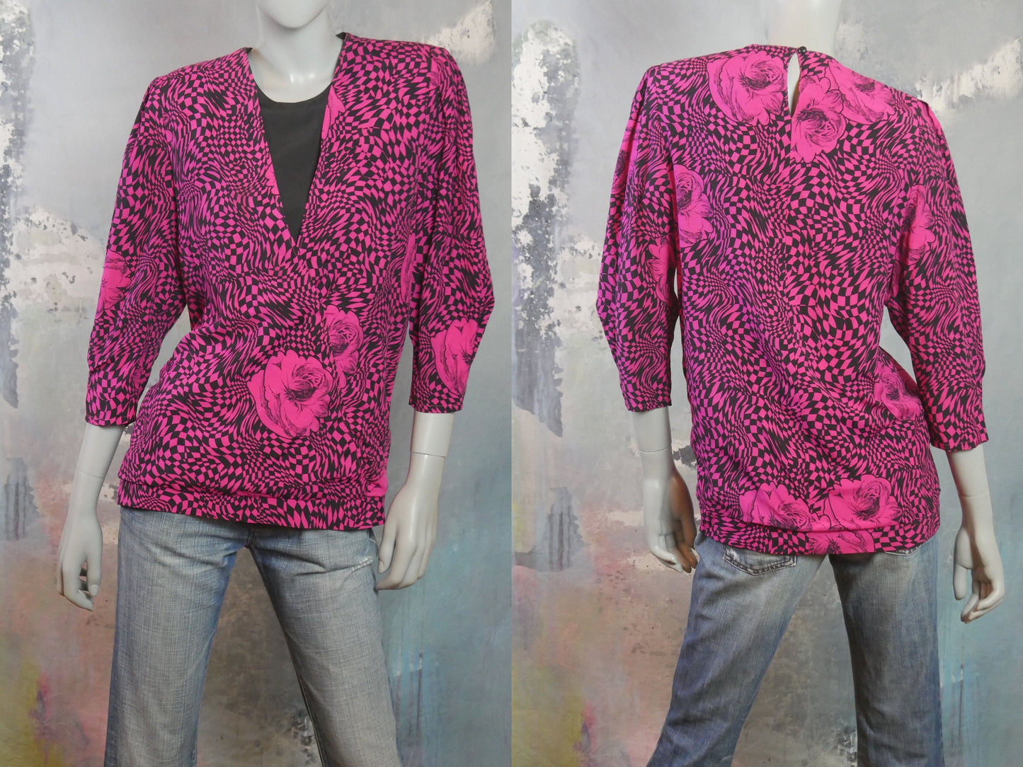 Vintage Blouse | Fuchsia Pink & Black 1980s Abstract Psychedelic Check and Floral Pattern | Medium
