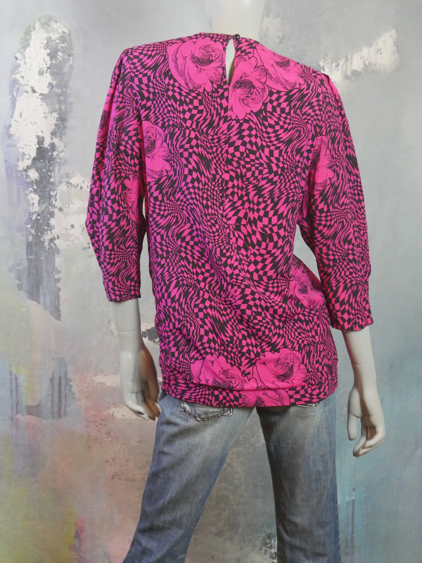 Vintage Blouse | Fuchsia Pink & Black 1980s Abstract Psychedelic Check and Floral Pattern | Medium