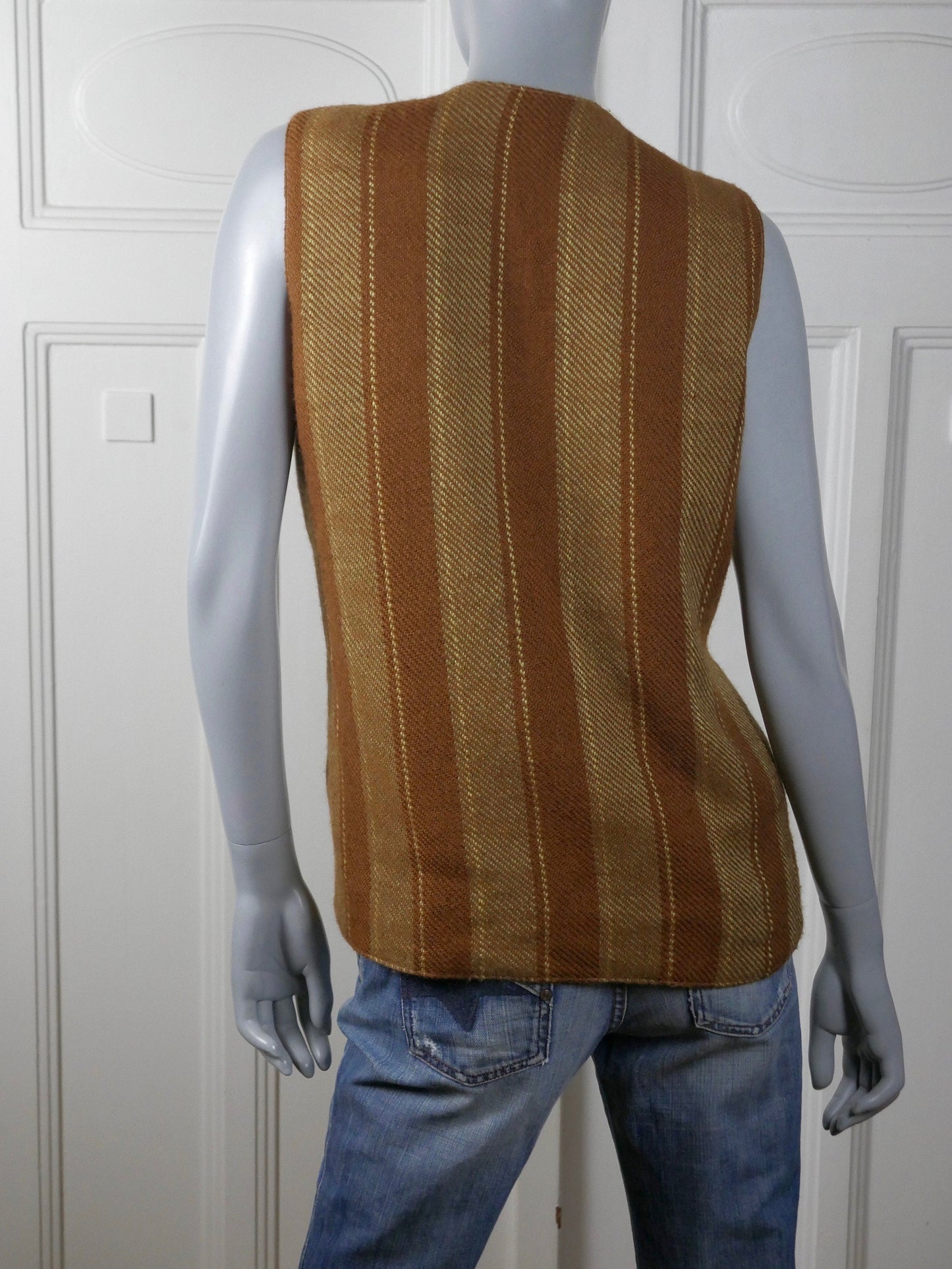 Women's 1970s Vintage Long Striped Vest | Light Caramel Brown & Golden Beige Tweed Wool | Large
