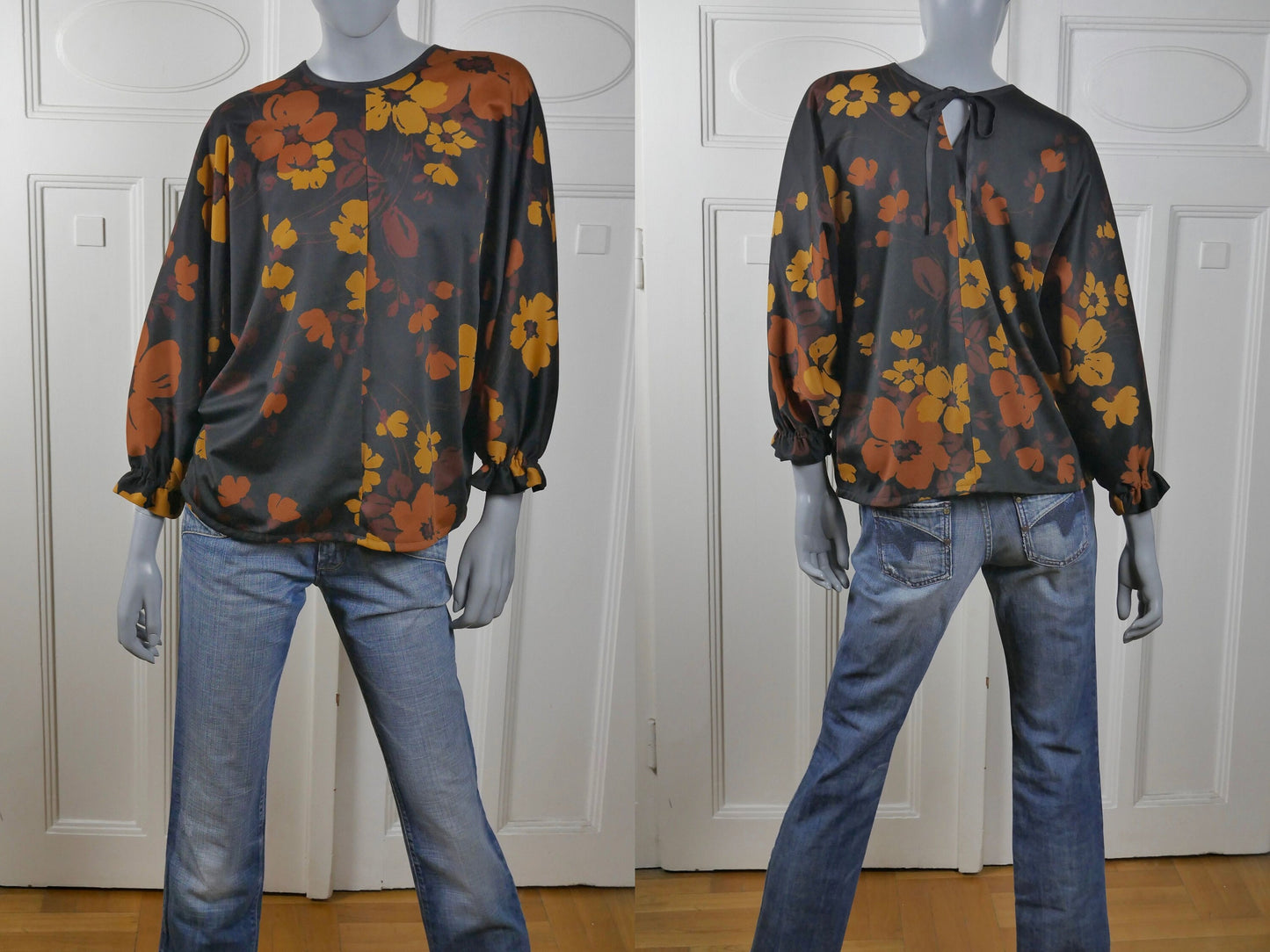 1970s Mod Top | European Vintage Black & Burnt Orange Pop Art Floral Pattern | Large
