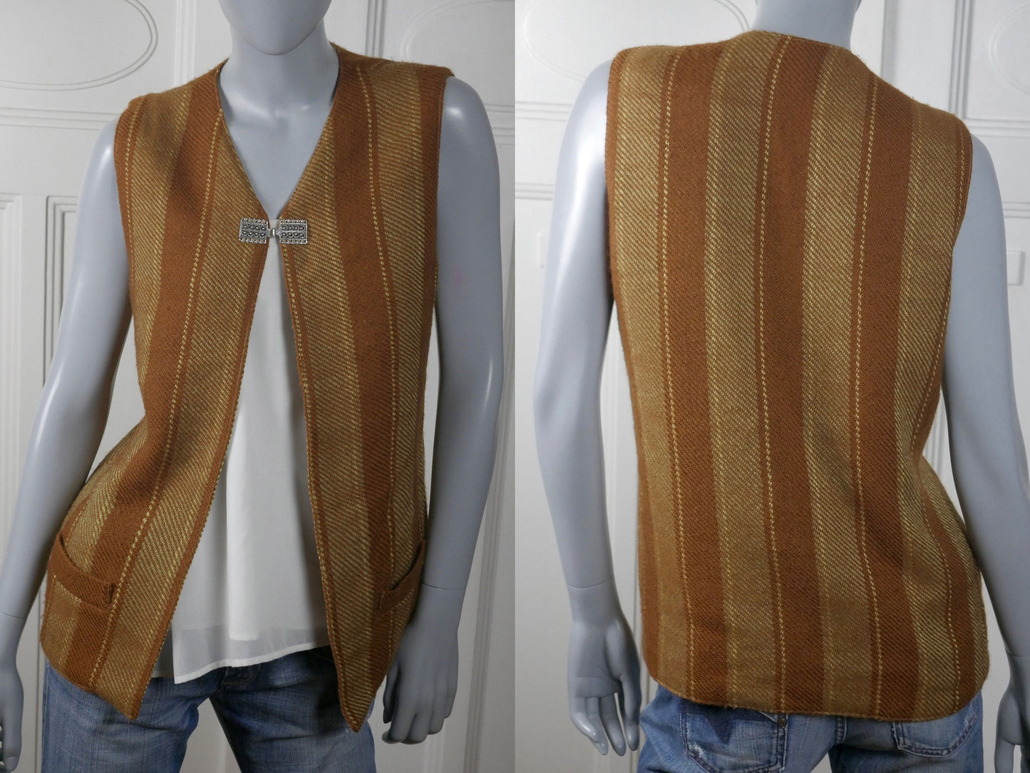 Women's 1970s Vintage Long Striped Vest | Light Caramel Brown & Golden Beige Tweed Wool | Large