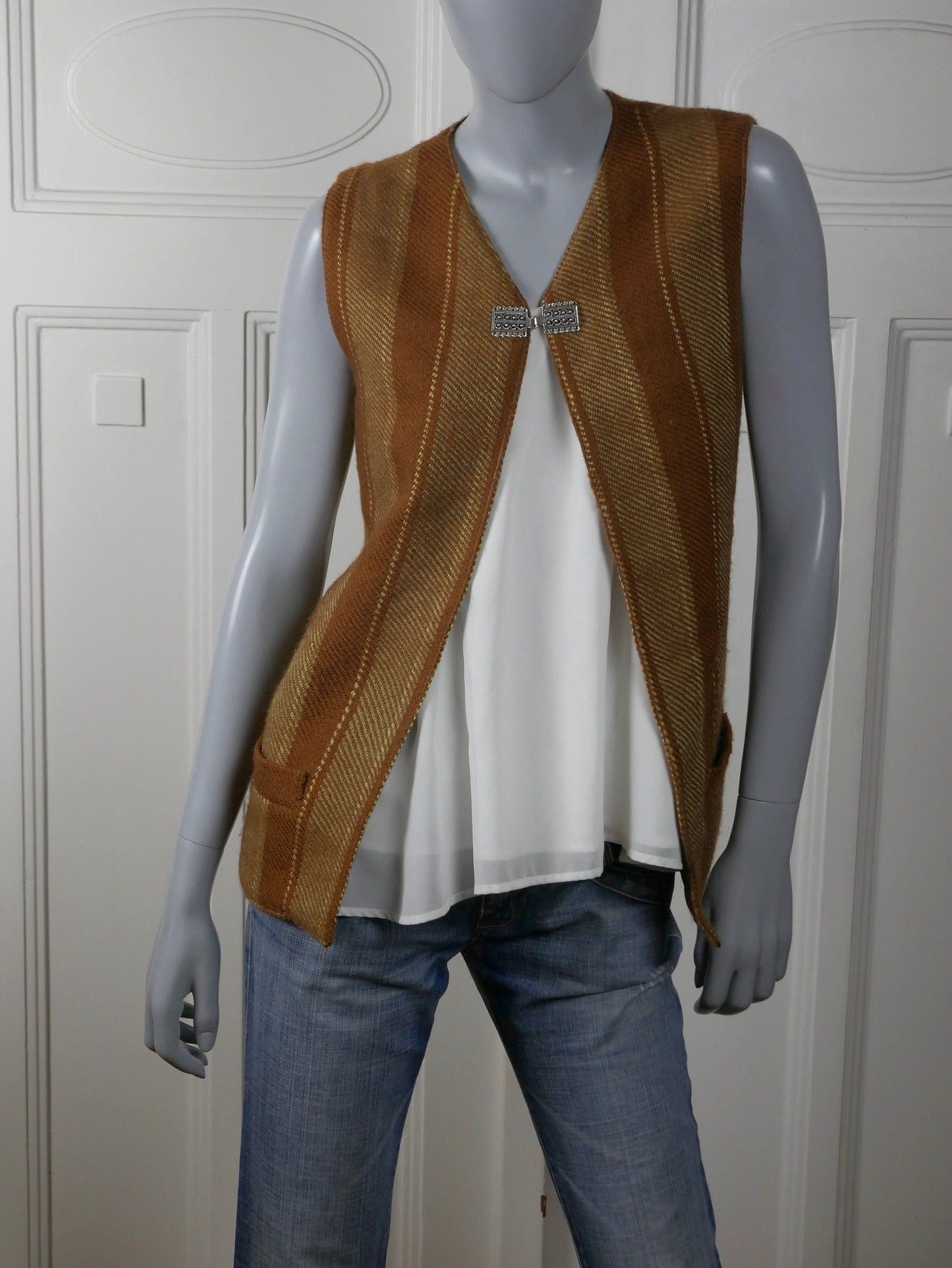 Women's 1970s Vintage Long Striped Vest | Light Caramel Brown & Golden Beige Tweed Wool | Large