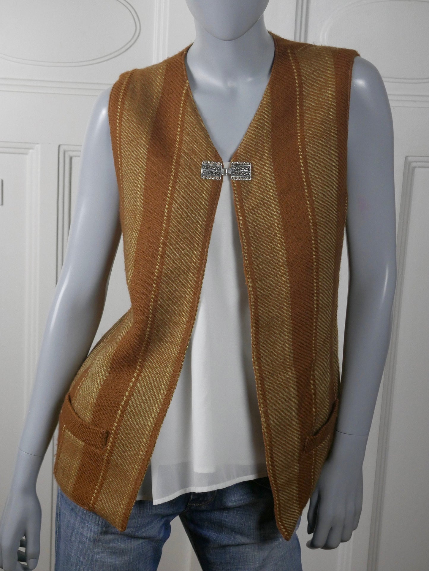 Women's 1970s Vintage Long Striped Vest | Light Caramel Brown & Golden Beige Tweed Wool | Large