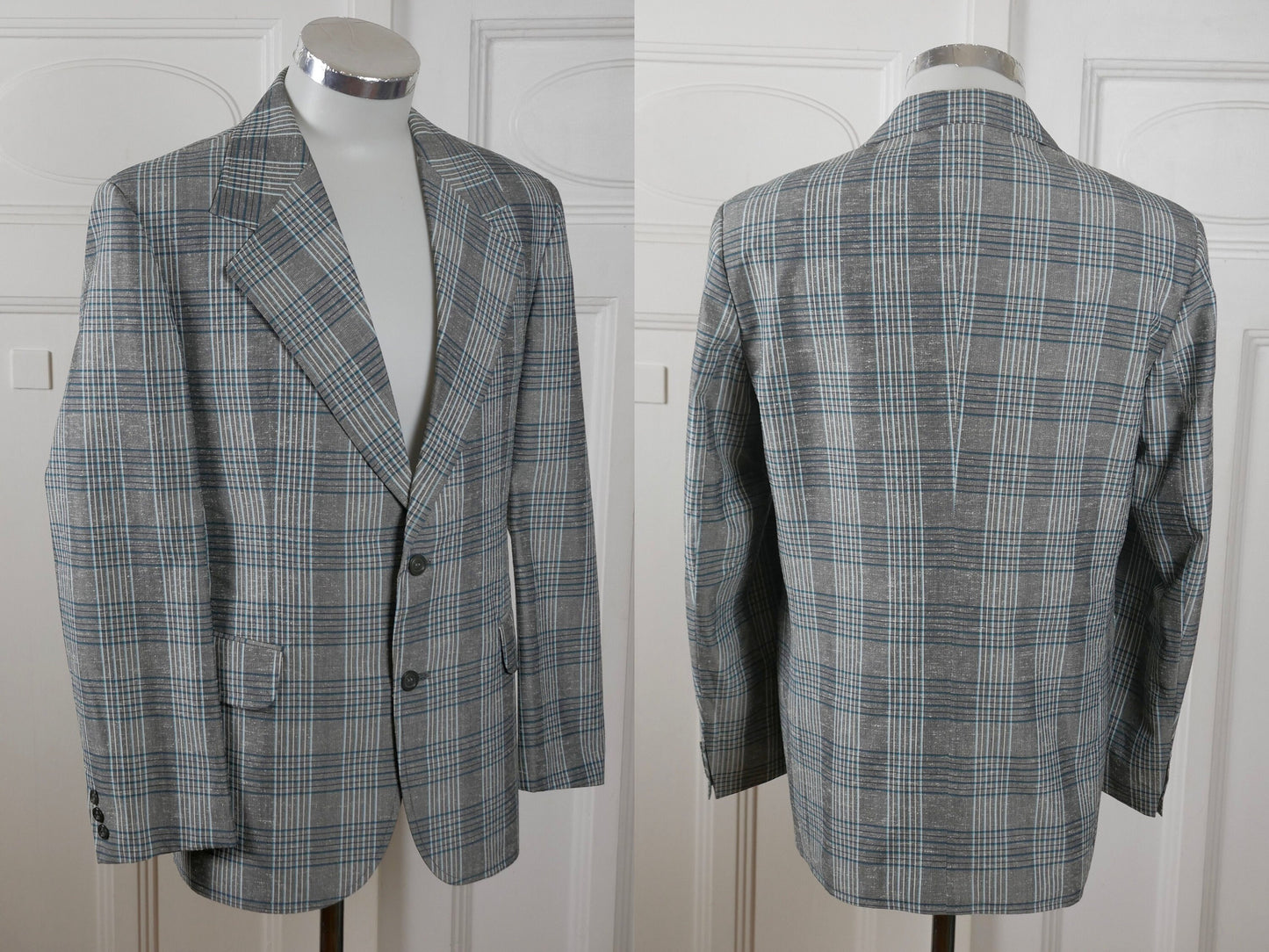 1970s Plaid Blazer | Vintage Silver Gray & Turquoise Single-Breasted Jacket with Wide Lapels | Size Medium