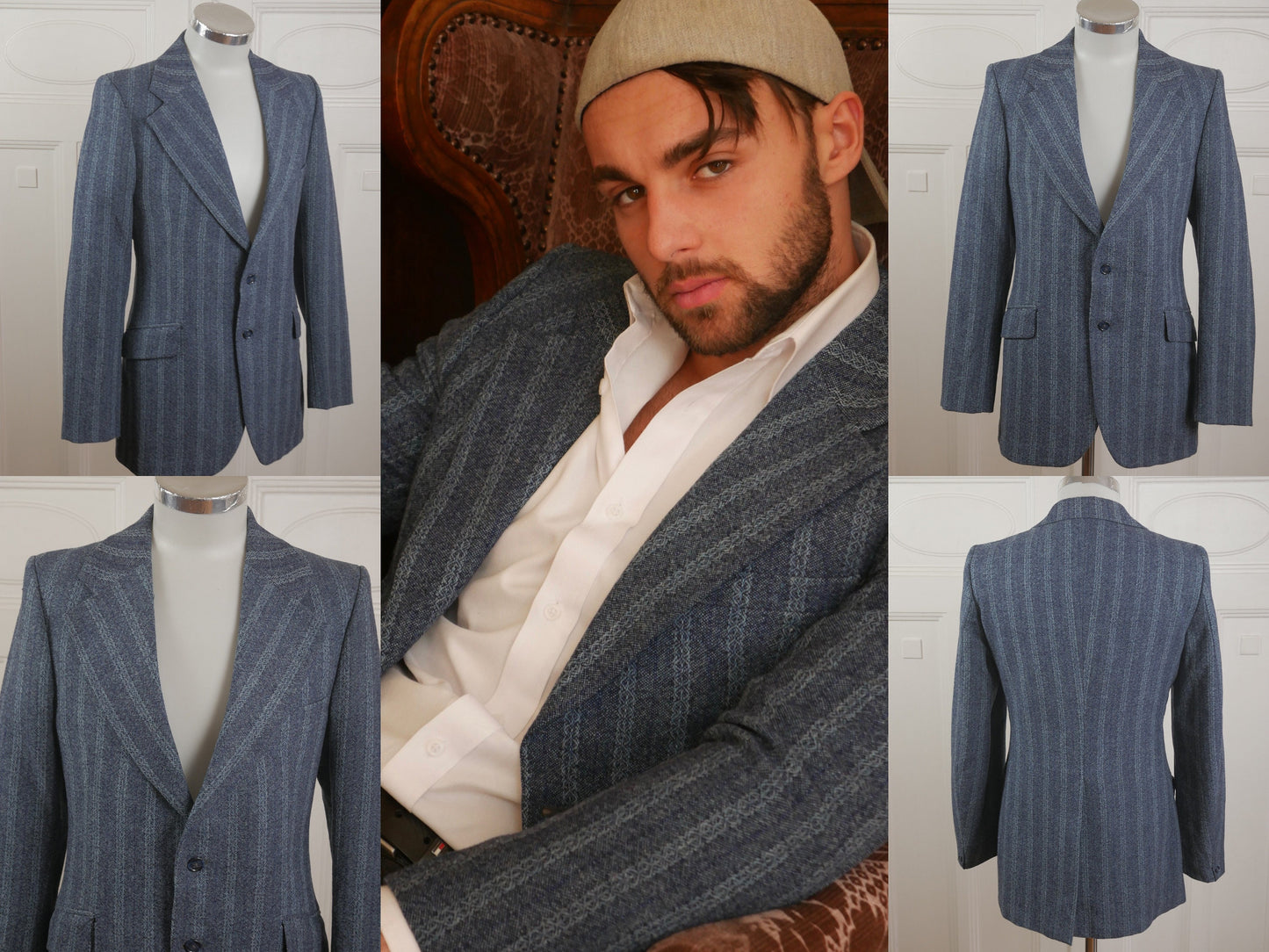 1970s British Vintage Blue Blazer | Carnaby Street Style Wide Collar Wool Striped Jacket | Medium