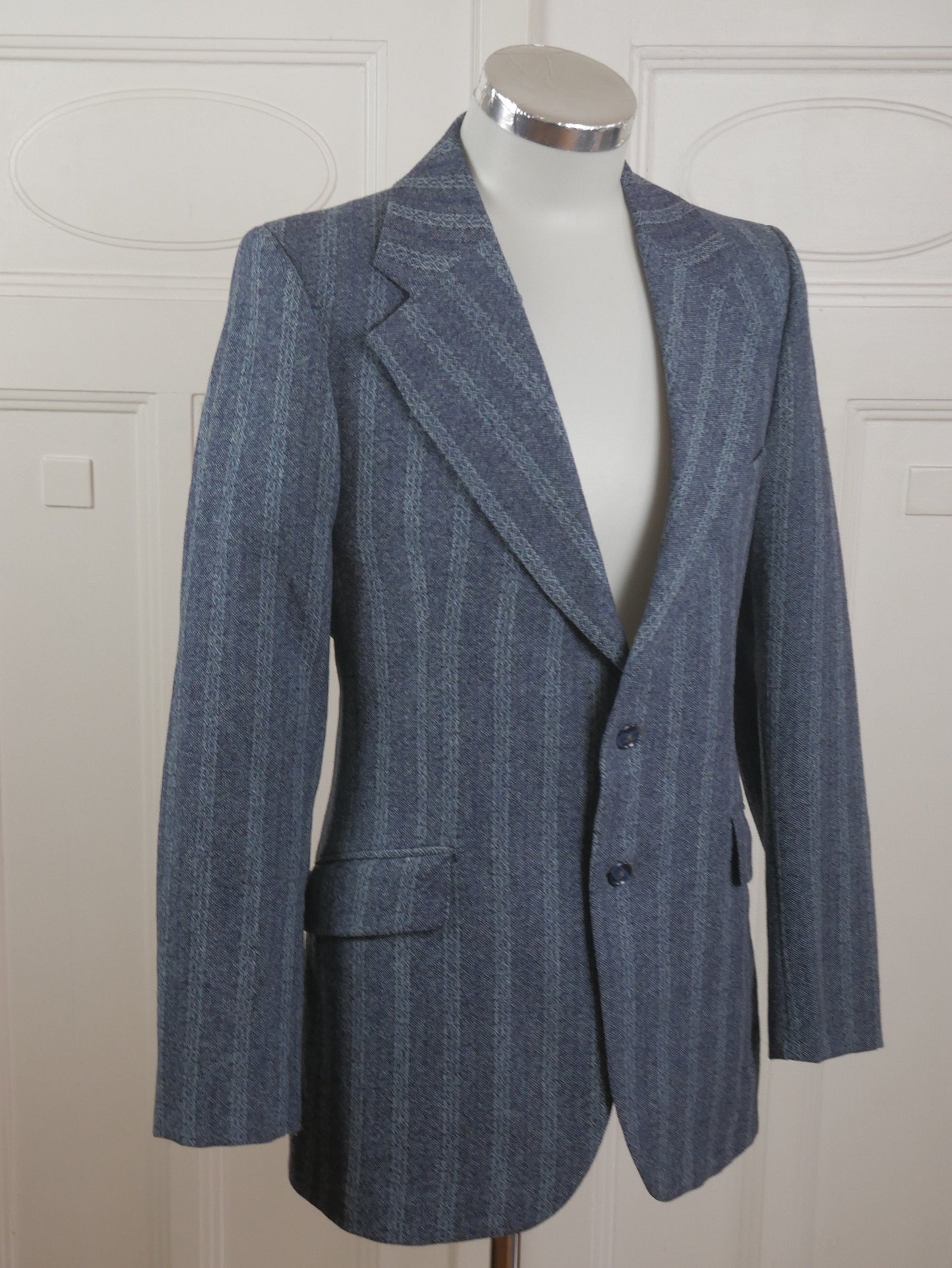 1970s British Vintage Blue Blazer | Carnaby Street Style Wide Collar Wool Striped Jacket | Medium