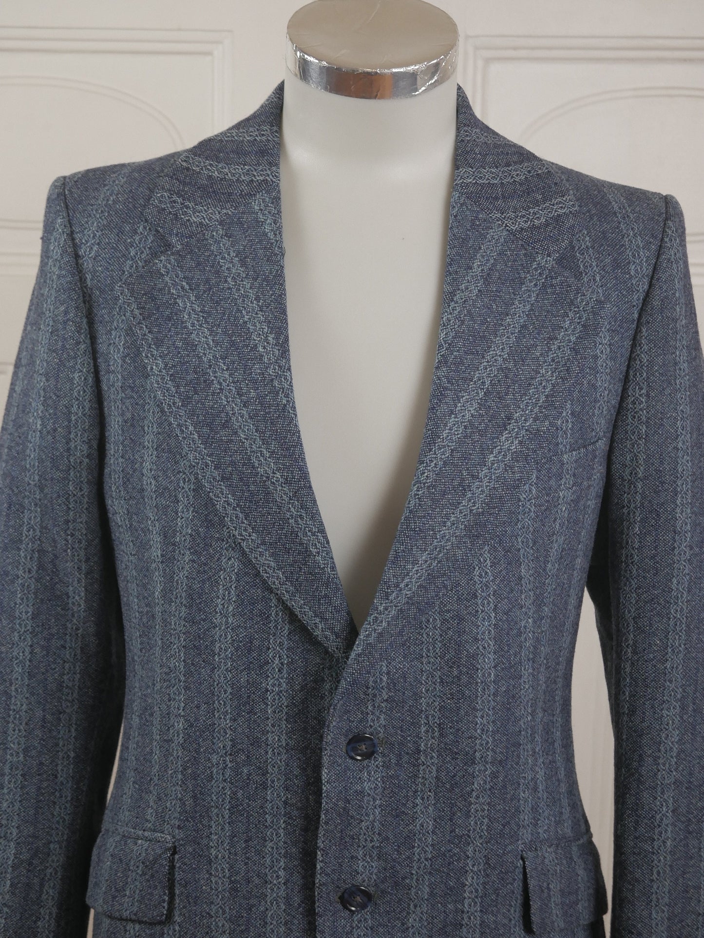 1970s British Vintage Blue Blazer | Carnaby Street Style Wide Collar Wool Striped Jacket | Medium