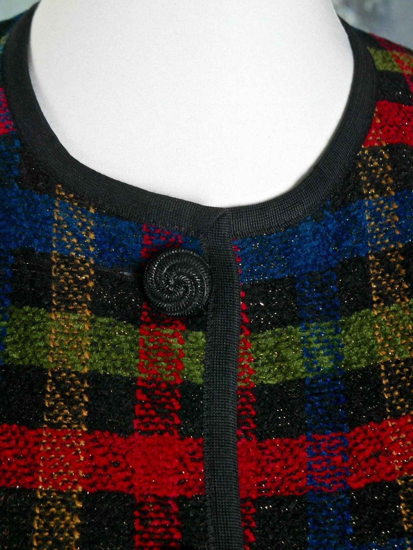 1980s Italian Vintage Plaid Blazer | Red Green Blue Black Jacket w Gold Threading | Large