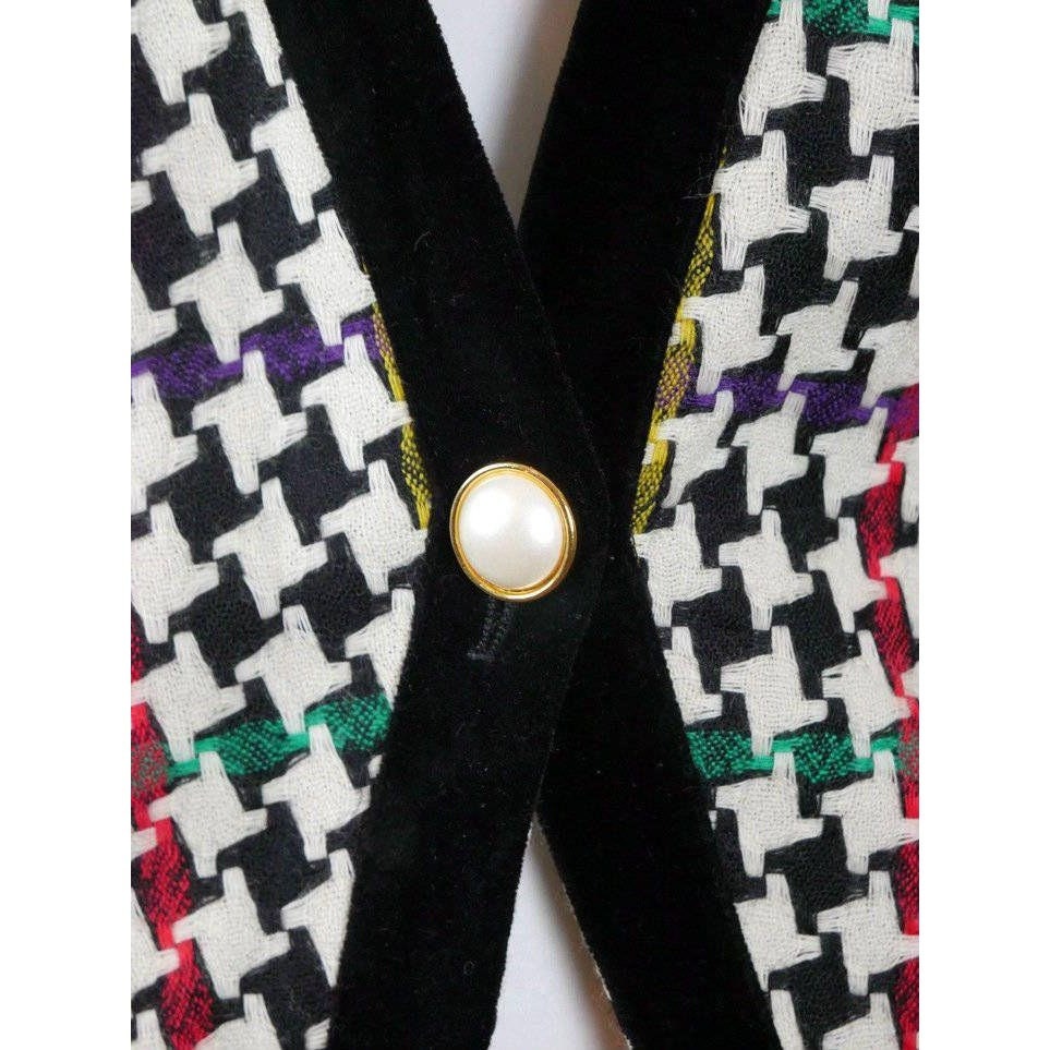 1980s Women's Cropped Blazer | Vintage Black White Red Purple Green & Yellow Houndstooth Jacket with Velvet Trim | Large
