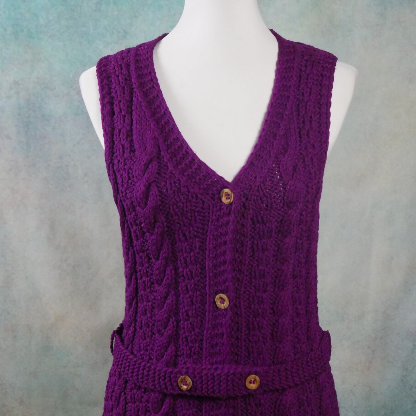 1970s Purple Long Vest | Italian Vintage Wool Cable Knit Duster | Small