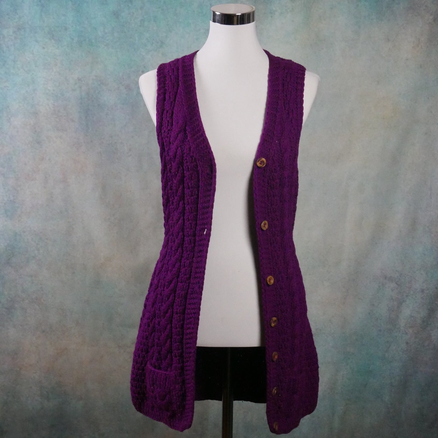 1970s Purple Long Vest | Italian Vintage Wool Cable Knit Duster | Small