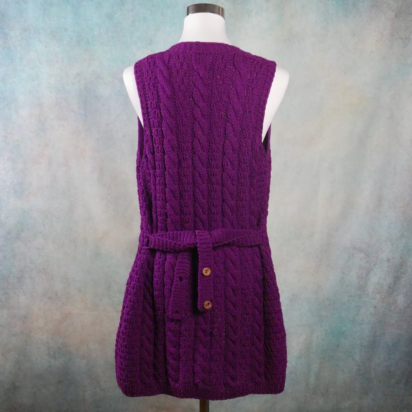 1970s Purple Long Vest | Italian Vintage Wool Cable Knit Duster | Small
