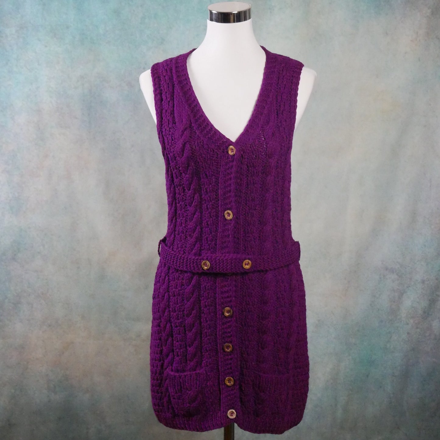 1970s Purple Long Vest | Italian Vintage Wool Cable Knit Duster | Small