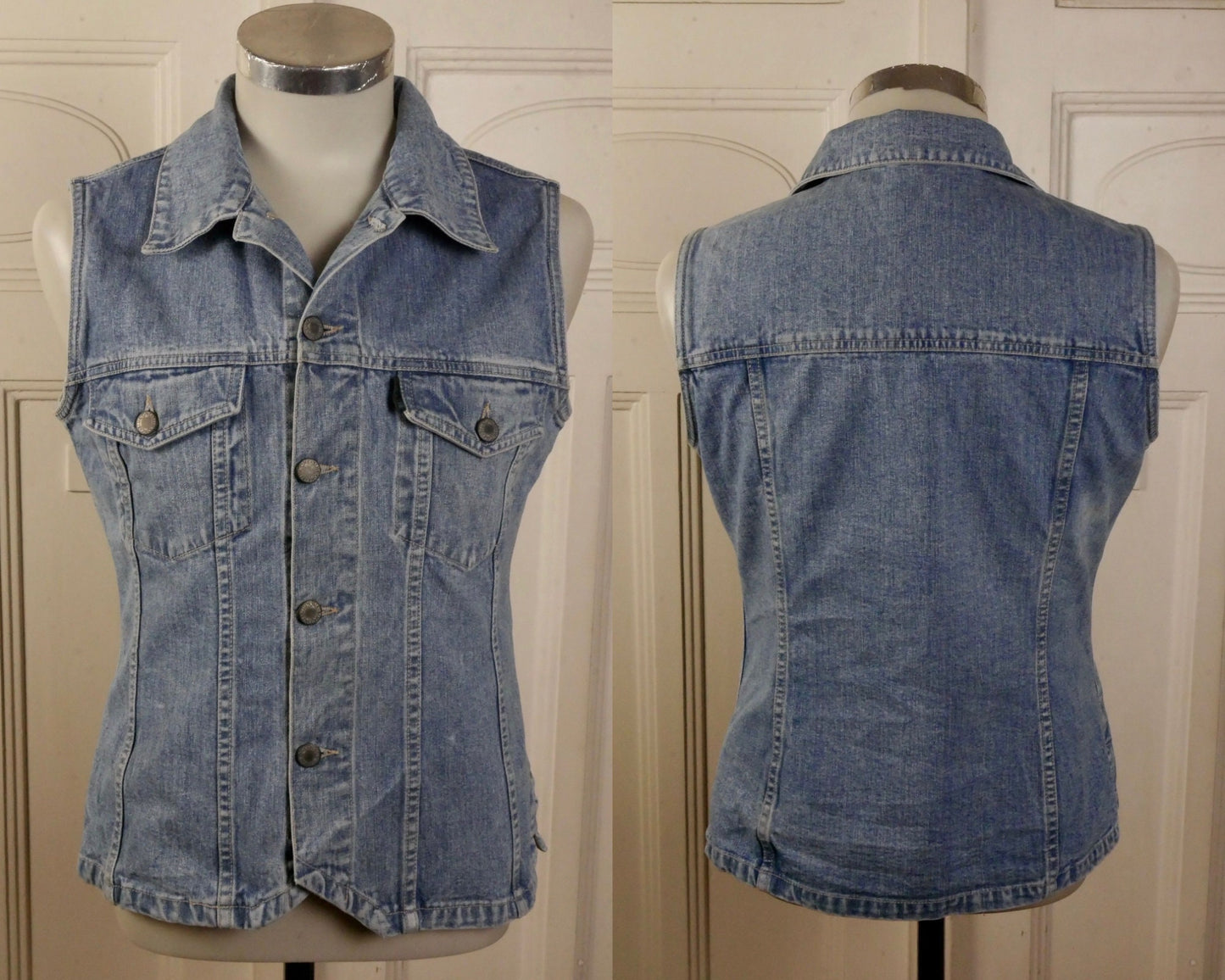 1990s Denim Vest | Vintage Faded Blue Jeans Sleeveless Jacket |Small