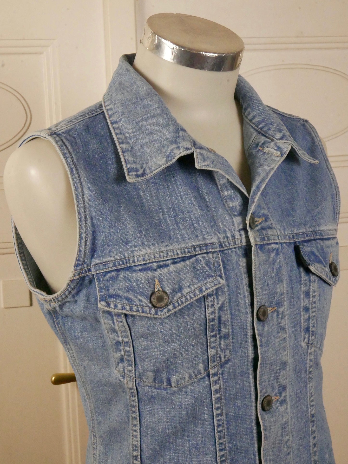1990s Denim Vest | Vintage Faded Blue Jeans Sleeveless Jacket |Small