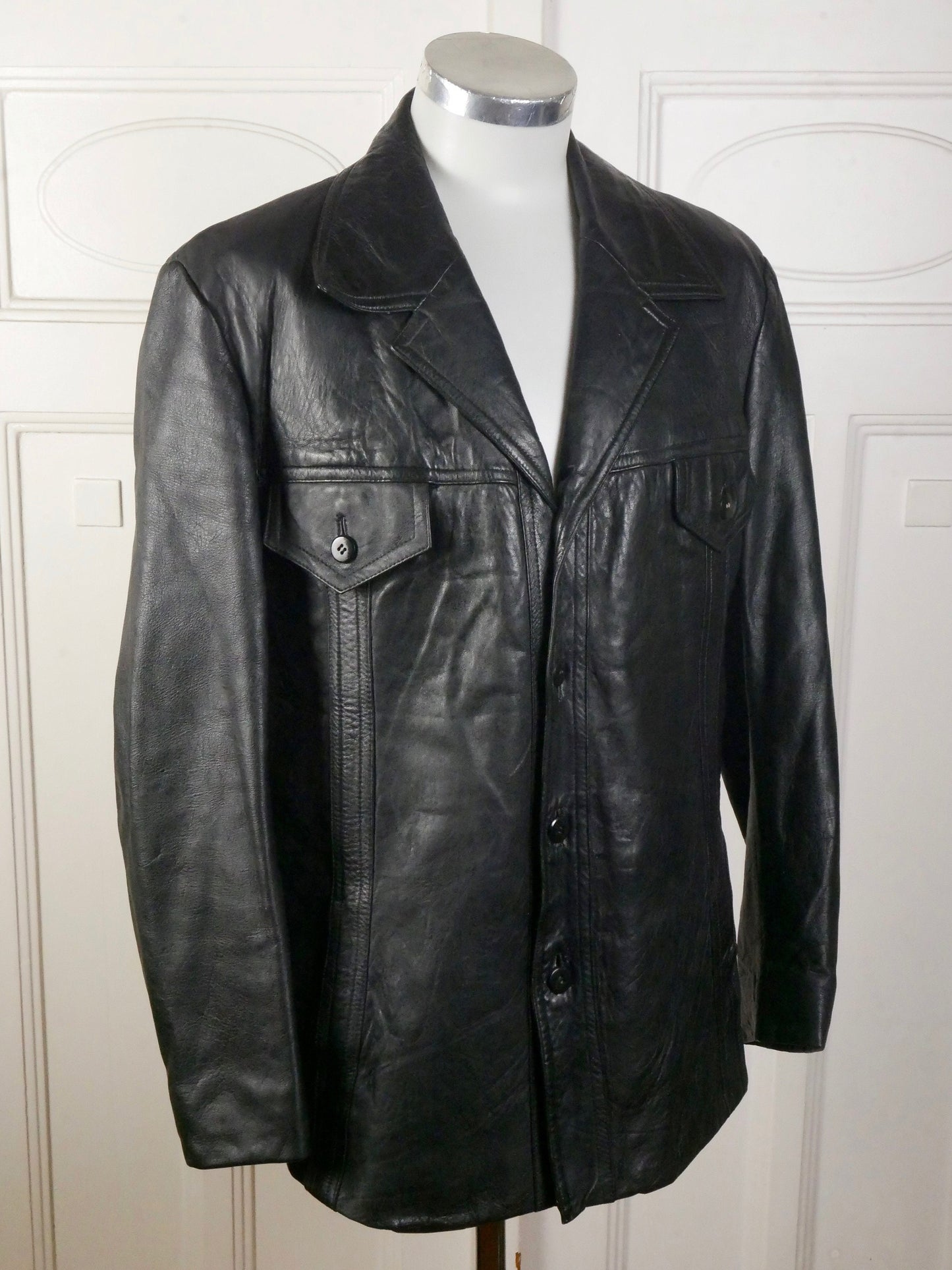 Men's 70s Black Leather Jacket | German Vintage Wide Collar Blazer Style | Medium