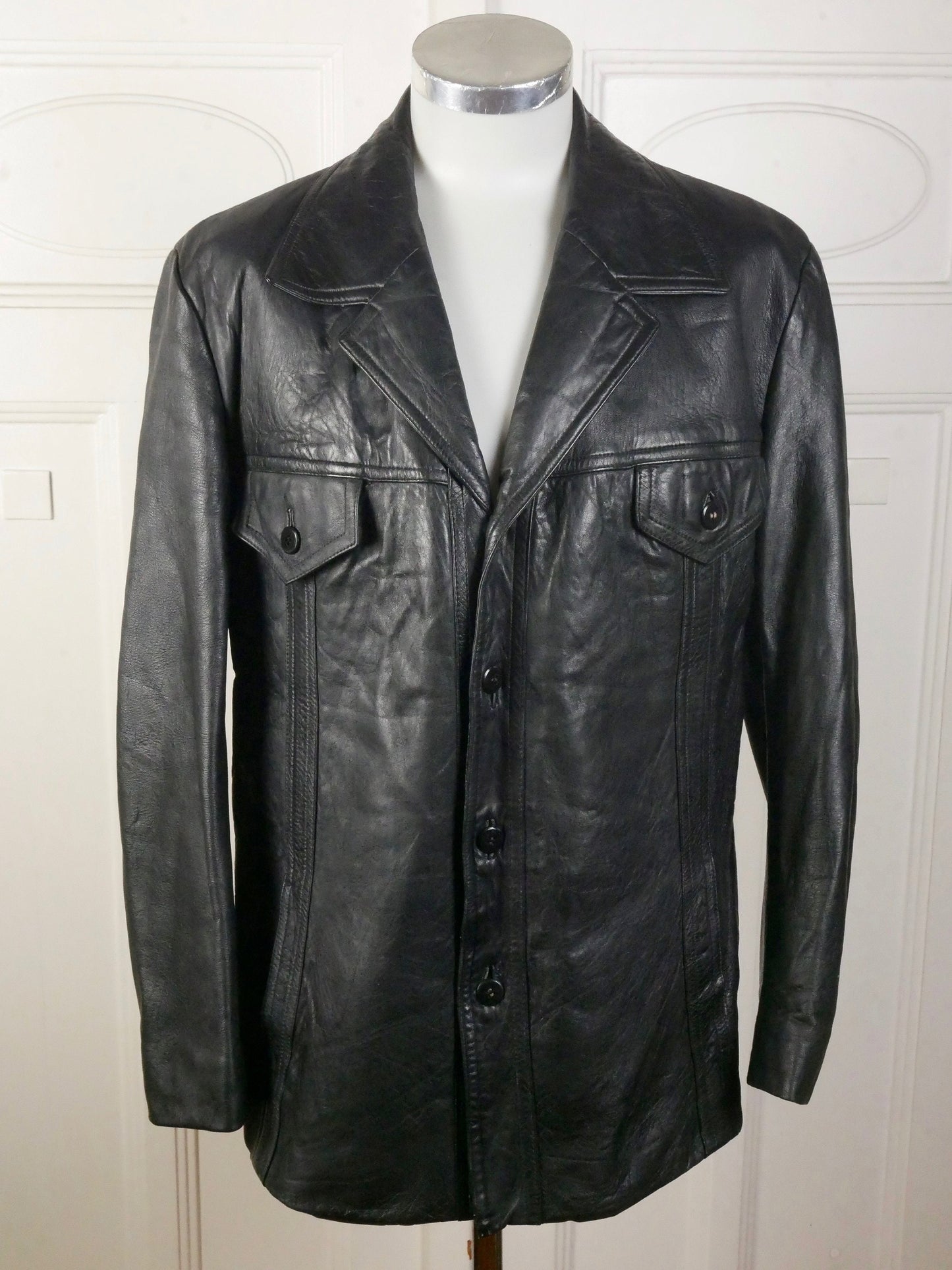 Men's 70s Black Leather Jacket | German Vintage Wide Collar Blazer Style | Medium