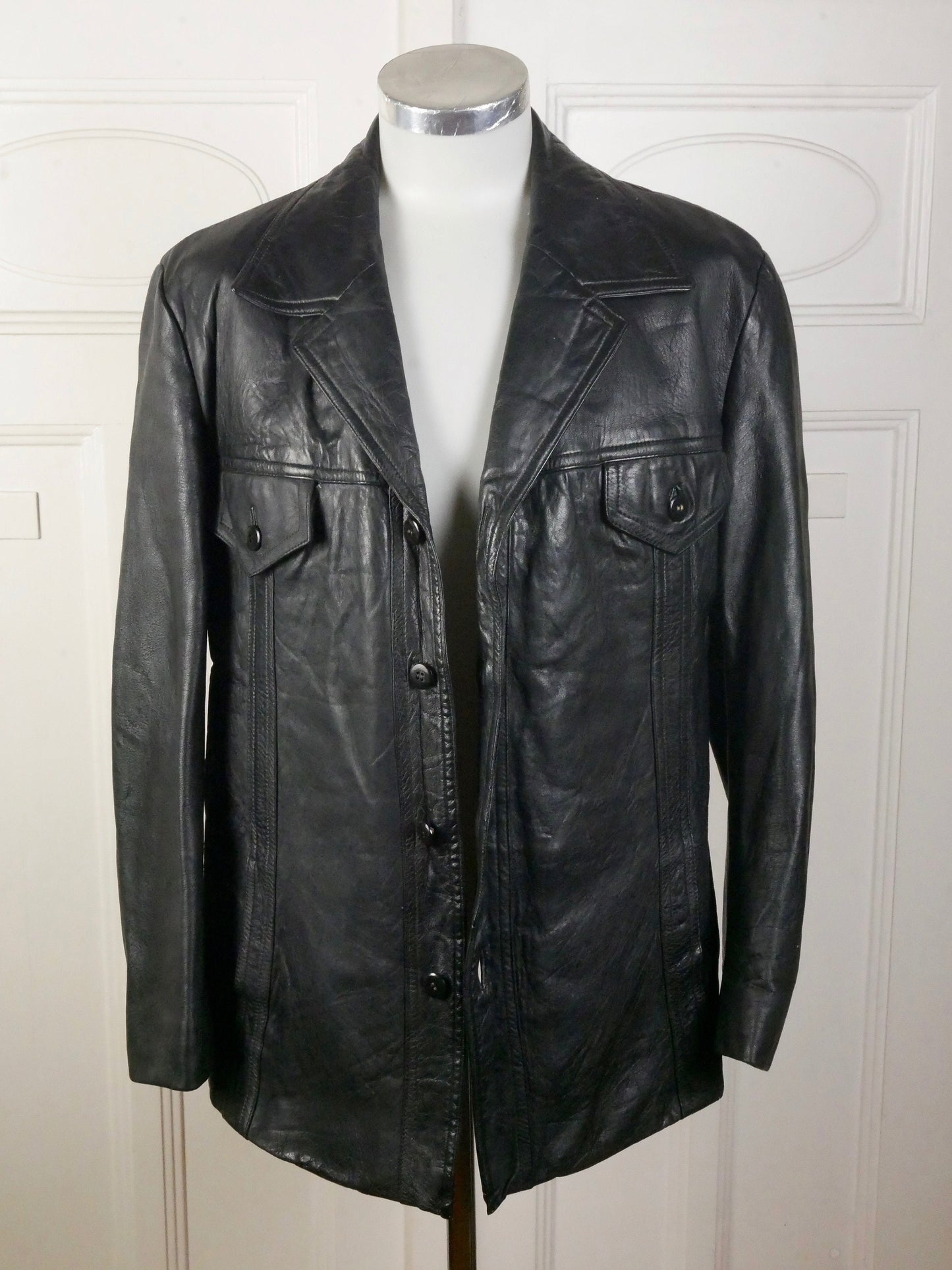 Men's 70s Black Leather Jacket | German Vintage Wide Collar Blazer Style | Medium