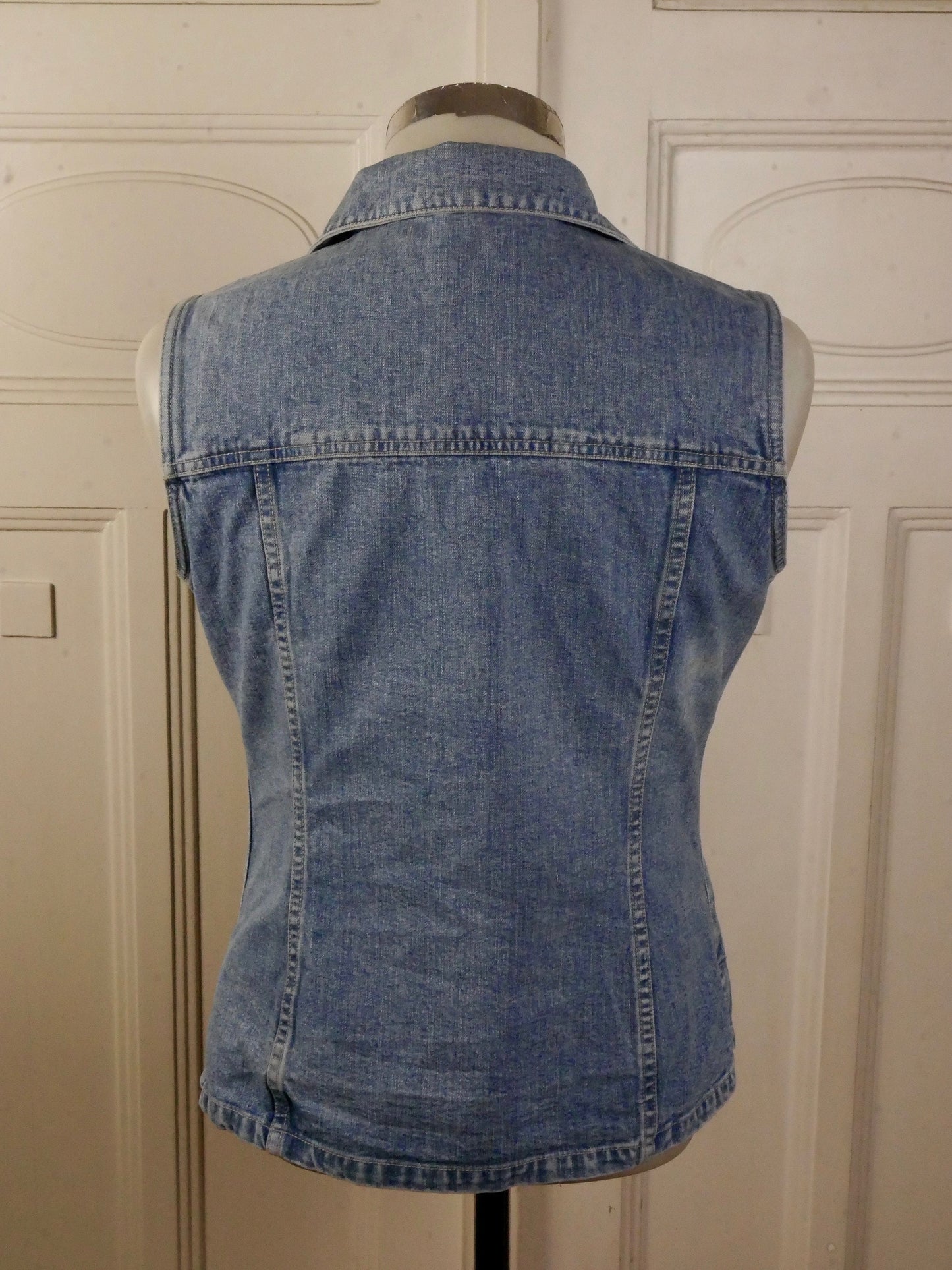 1990s Denim Vest | Vintage Faded Blue Jeans Sleeveless Jacket |Small
