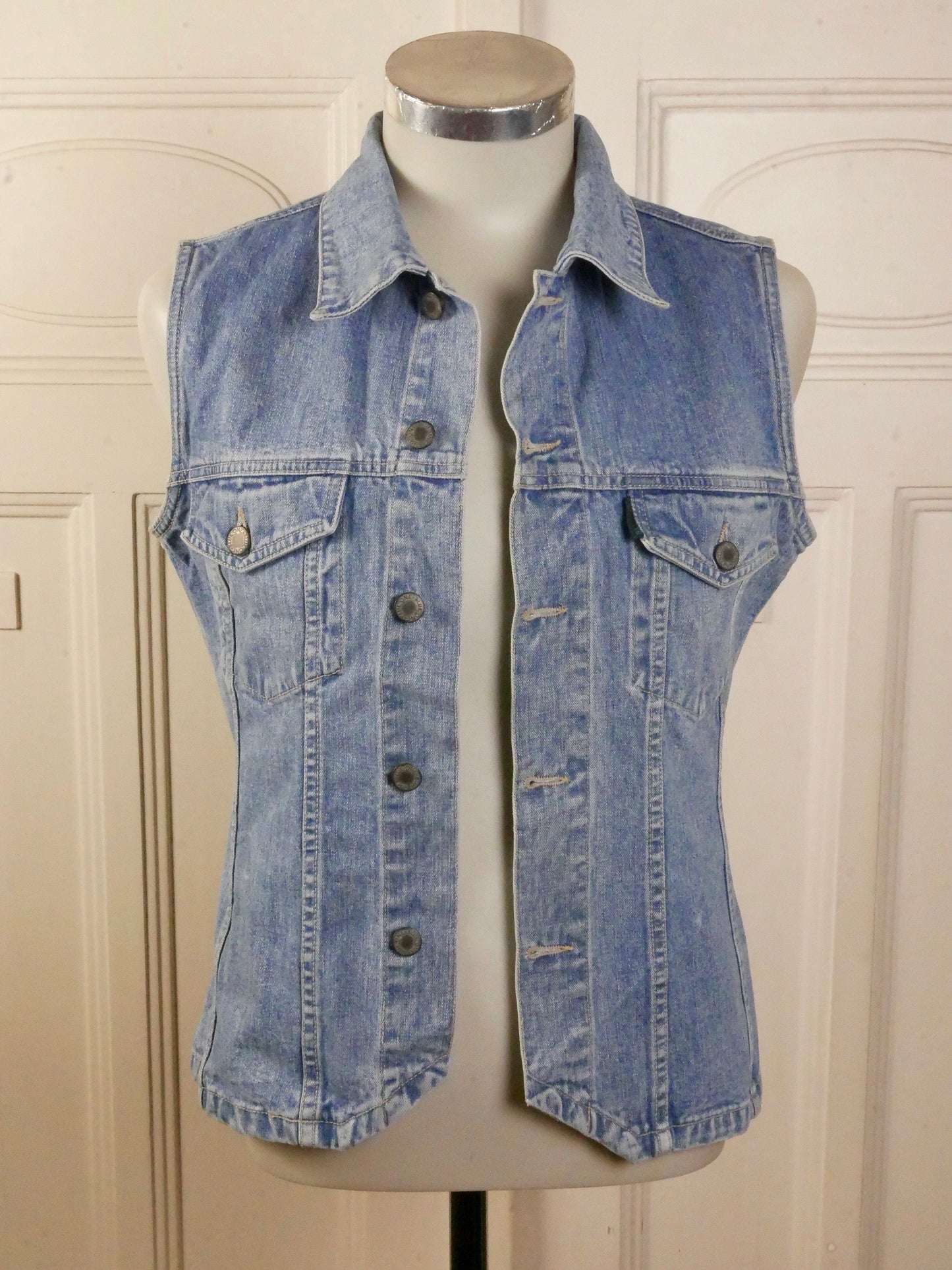 1990s Denim Vest | Vintage Faded Blue Jeans Sleeveless Jacket |Small
