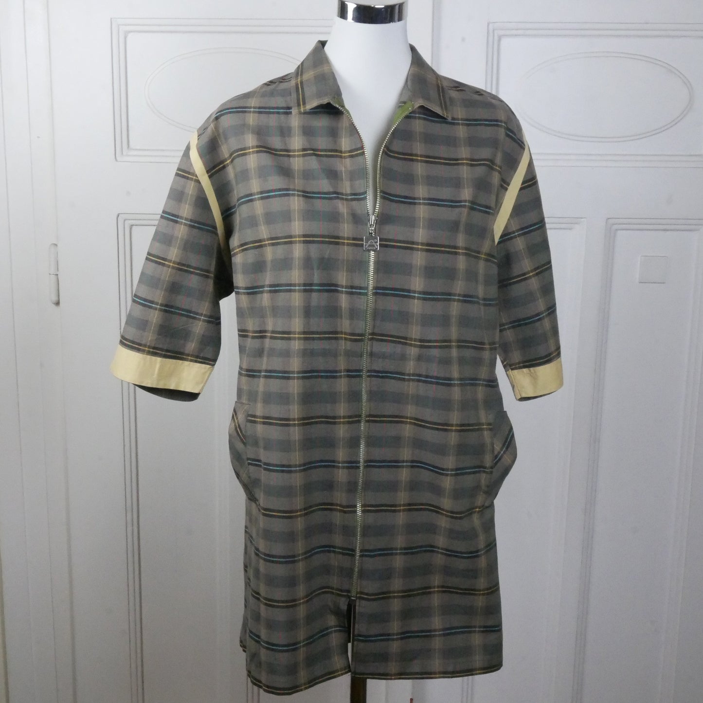 1980s Vintage Smock Top | Brown and Beige Long Plaid Blouse | Large