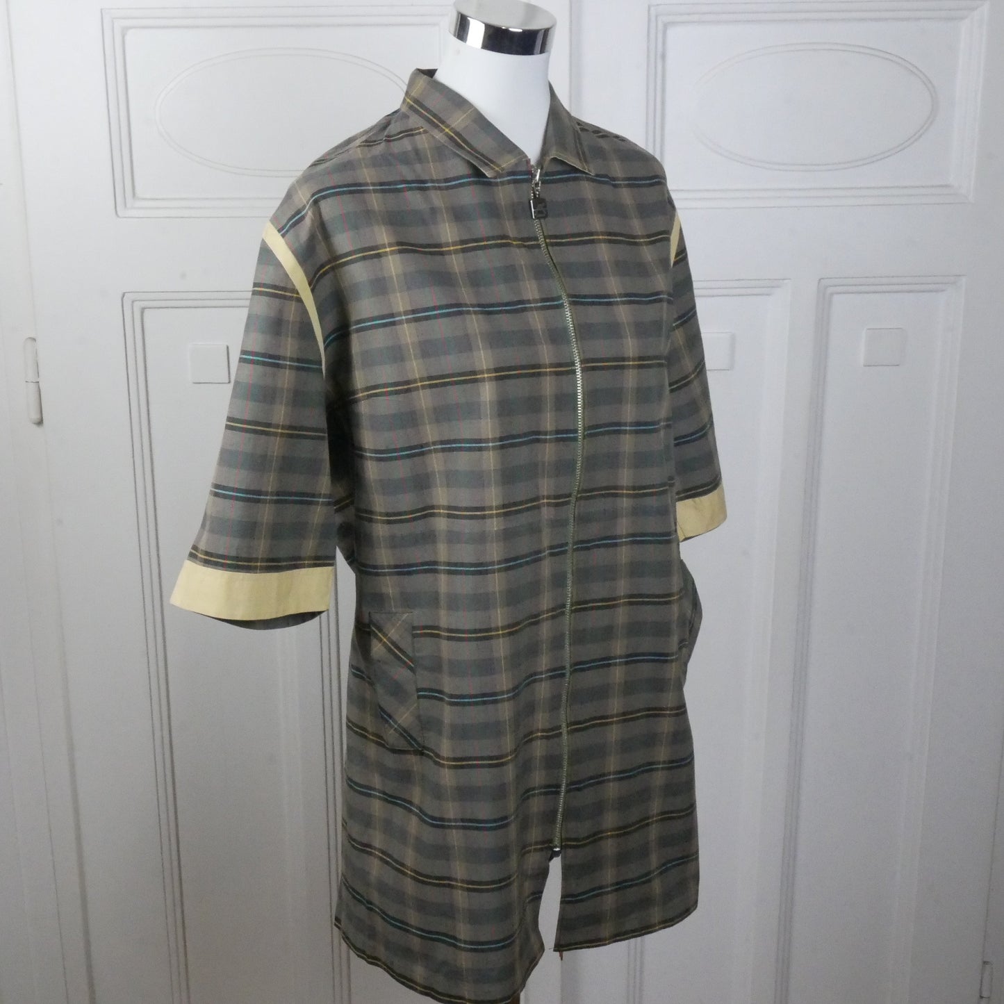 1980s Vintage Smock Top | Brown and Beige Long Plaid Blouse | Large