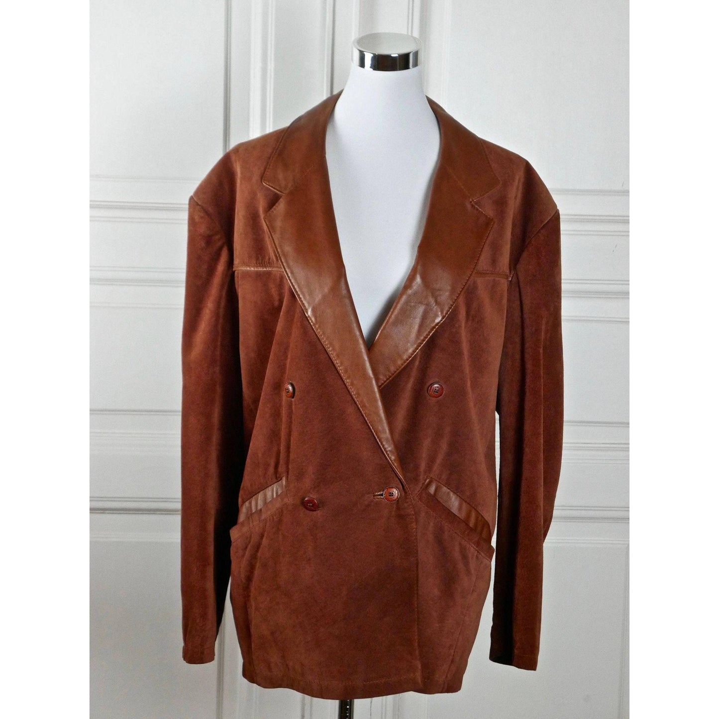 Vintage Suede Jacket, 1980s European Burnt Umber Brown Leather Double-Breasted Women's Coat | Large