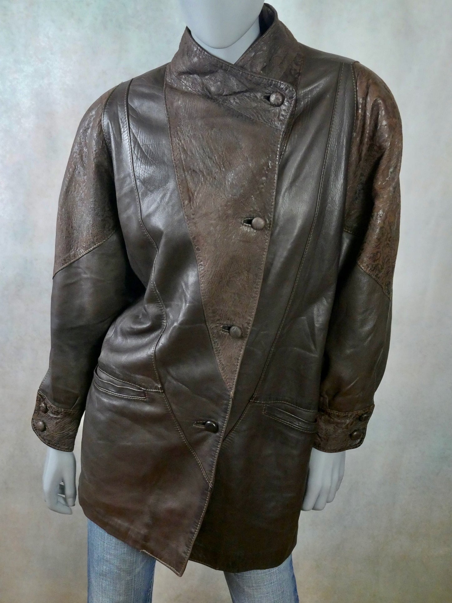 Women's 80s Vintage Leather Jacket | Two-Tone Brown Leather Coat | Extra Large