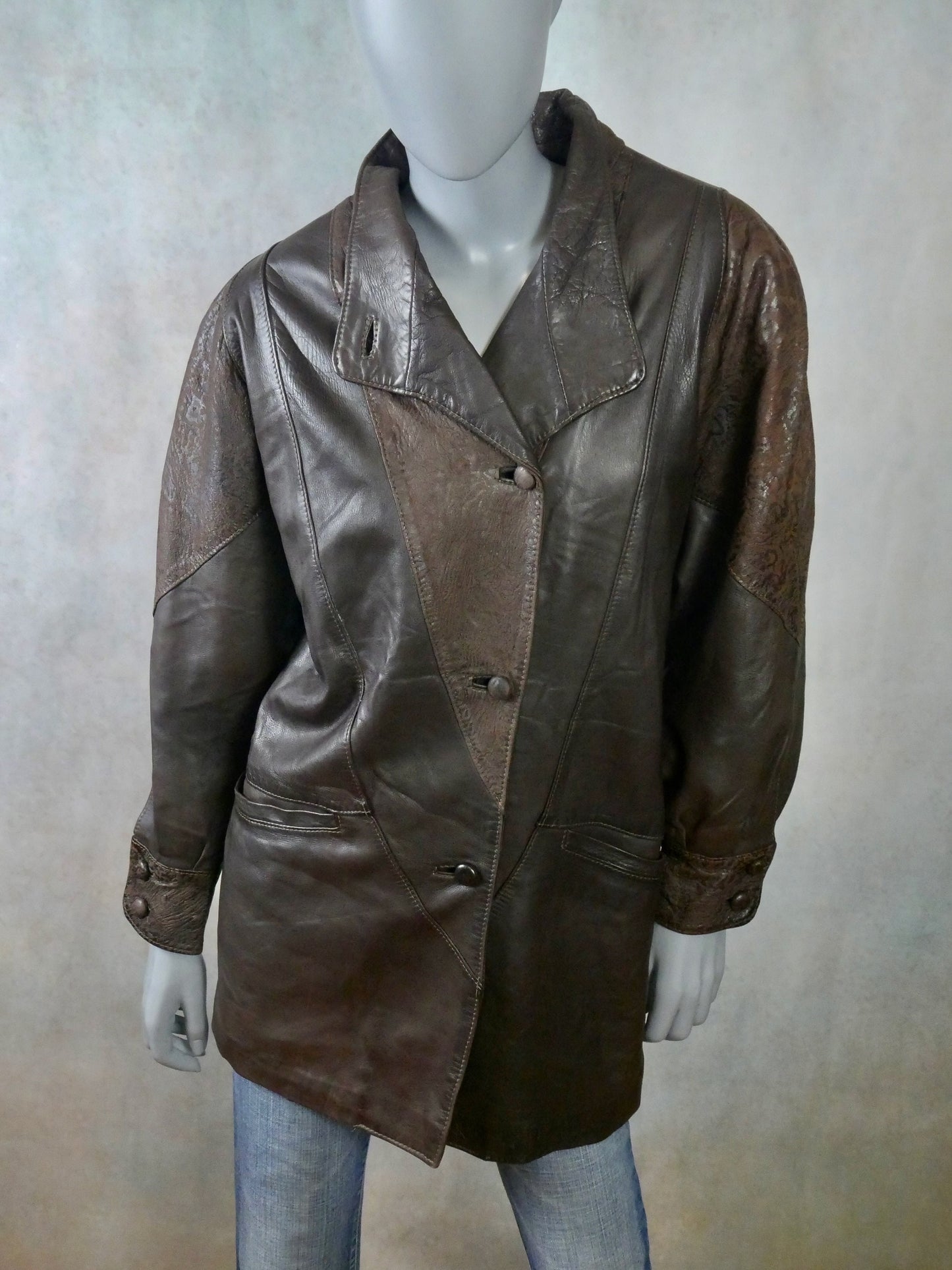 Women's 80s Vintage Leather Jacket | Two-Tone Brown Leather Coat | Extra Large